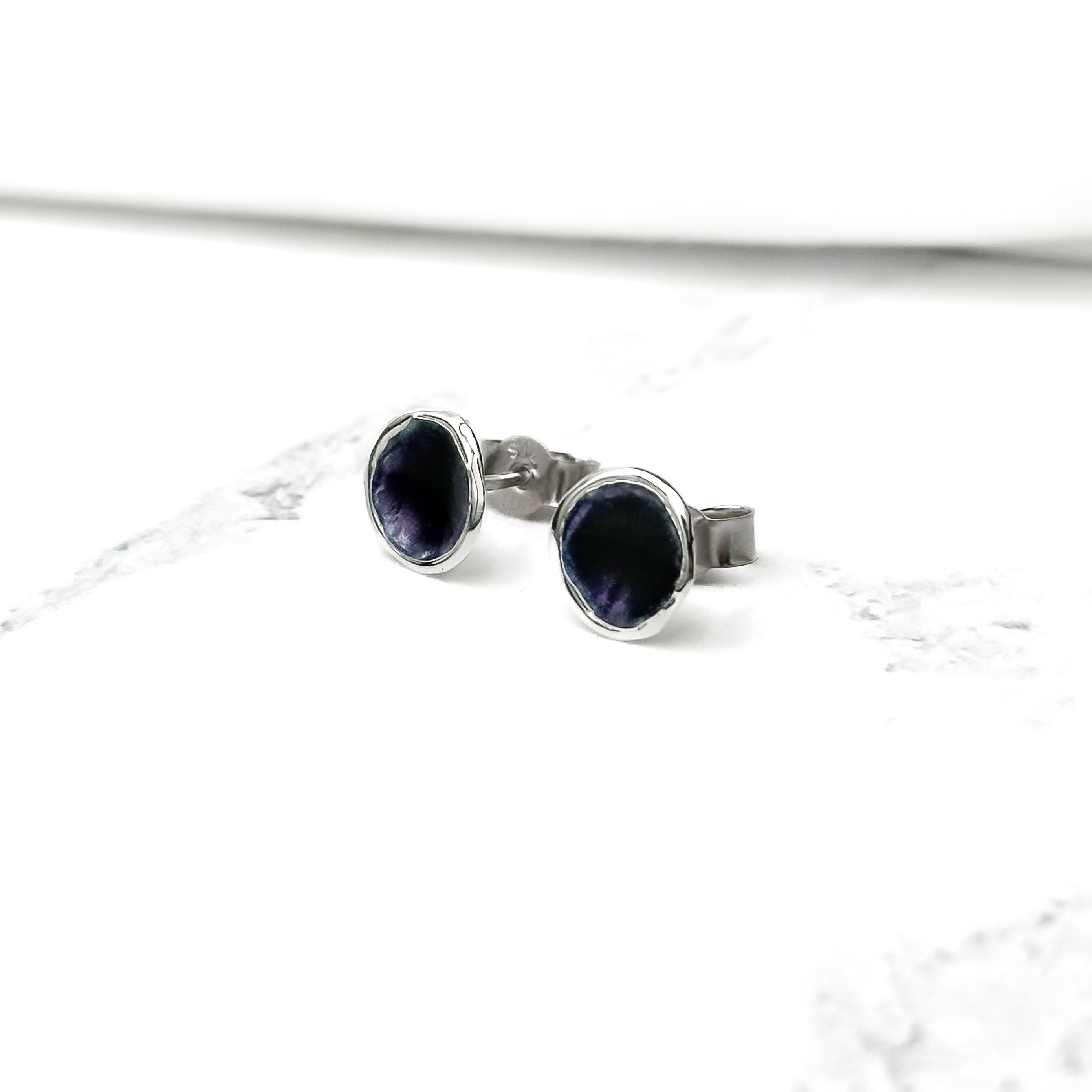 'Blackberry' Purple Enamel Silver Droplet Stud Earrings