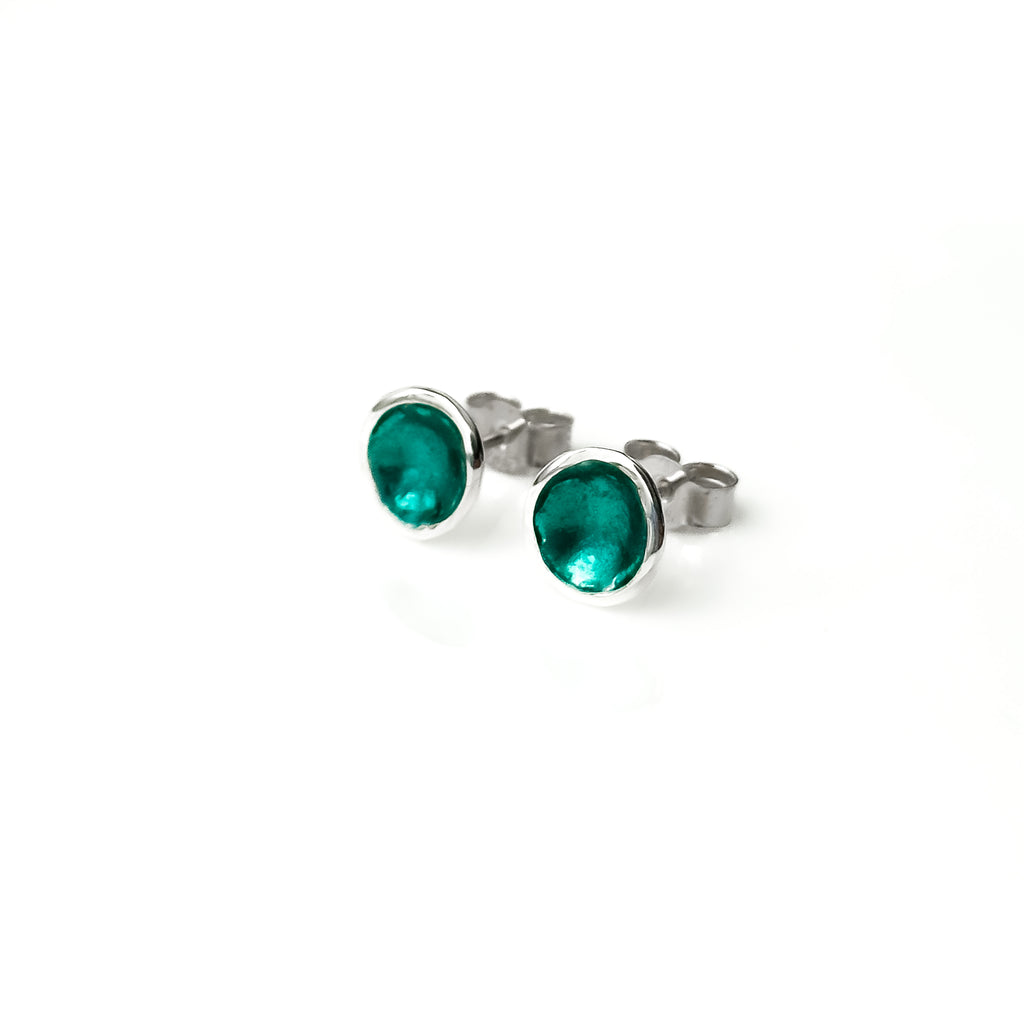 'Lost Forest' Green Enamel Silver Droplet Stud Earrings