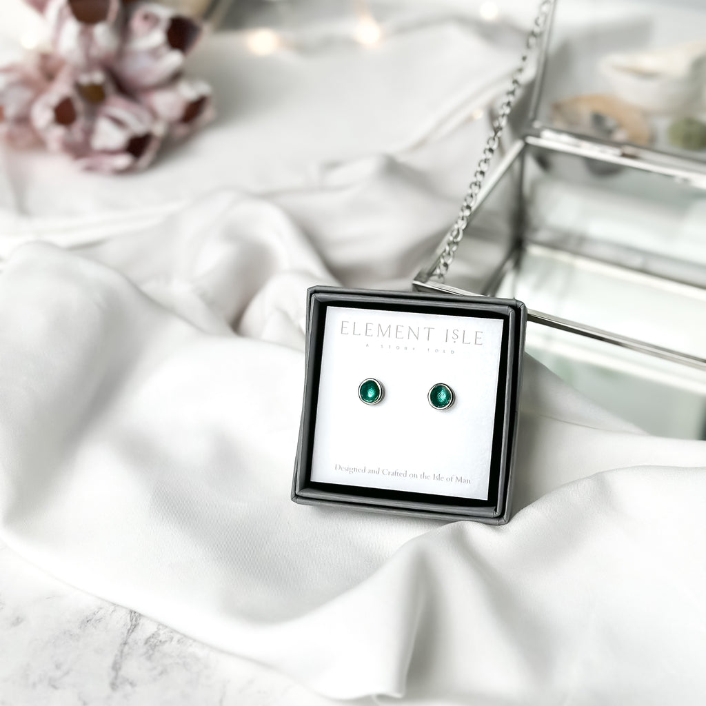 'Lost Forest' Green Enamel Silver Droplet Stud Earrings