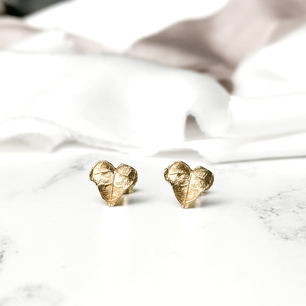 Gold Ivy Leaf Heart Stud Earrings