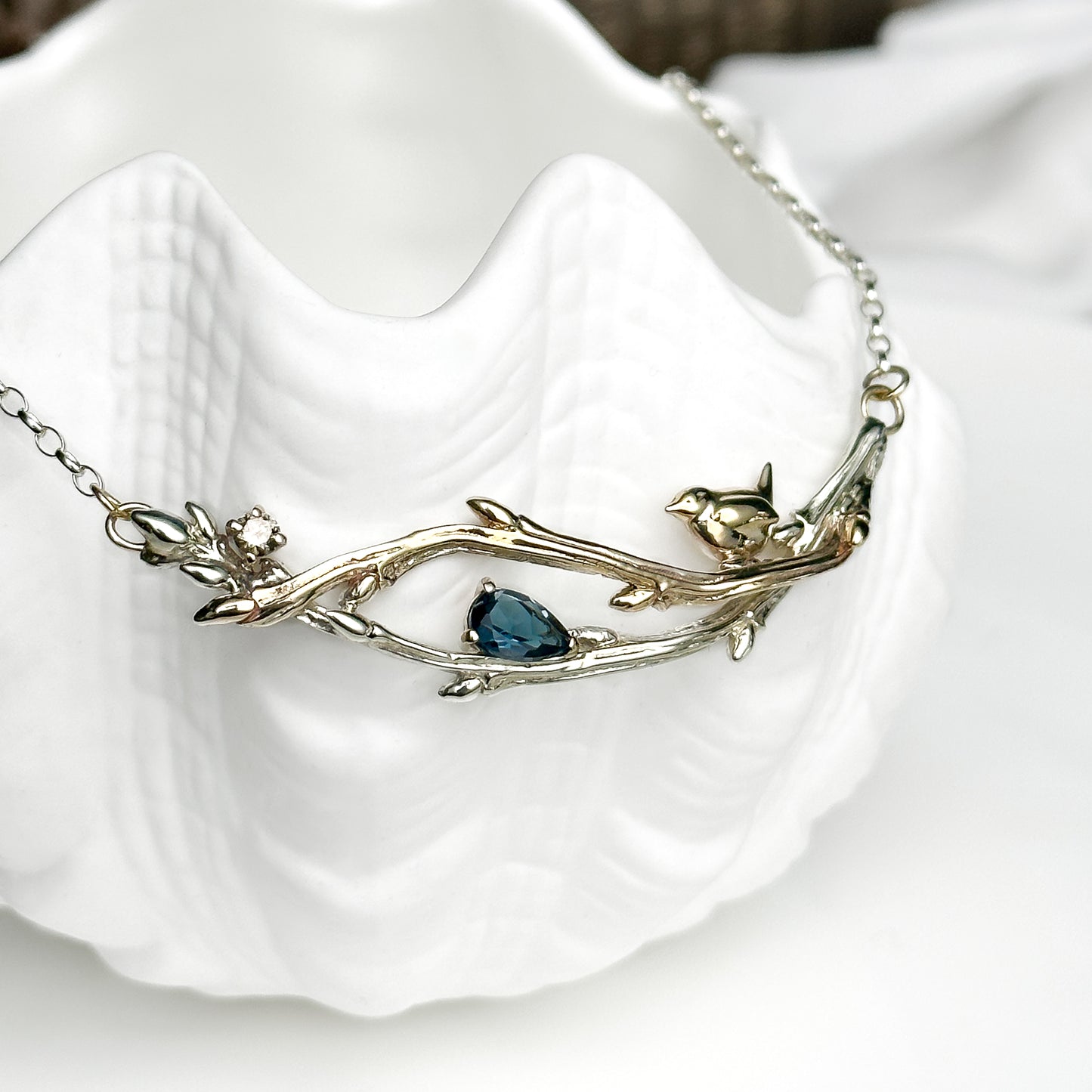 One of a Kind White and Yellow Gold Oak Twig and Wren Necklace, with Diamond and London Blue Topaz