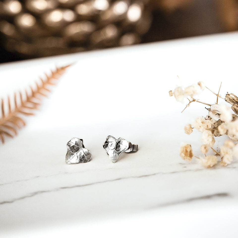 Silver Ivy Leaf Heart Stud Earrings