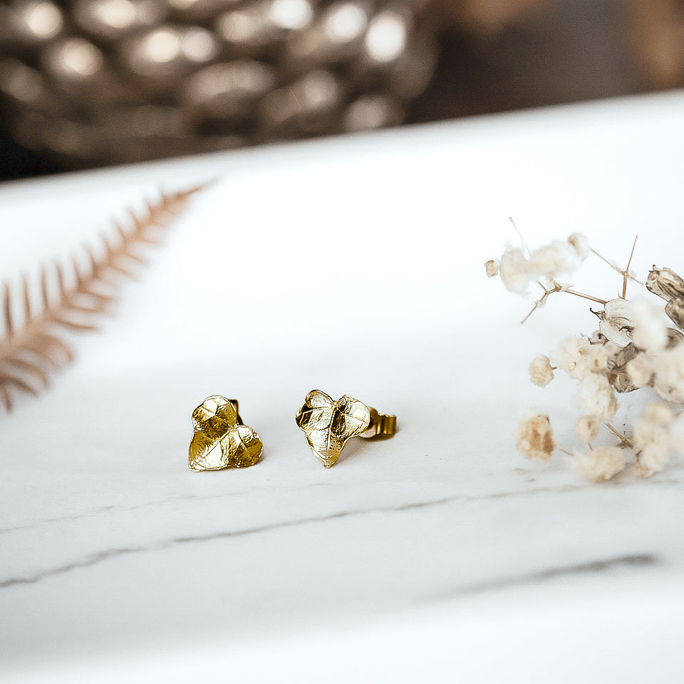 Gold Ivy Leaf Heart Stud Earrings