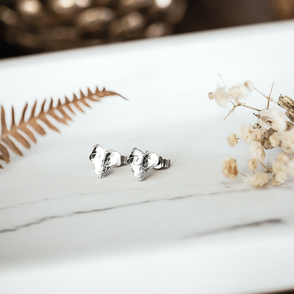 Silver Ivy Leaf Heart Stud Earrings