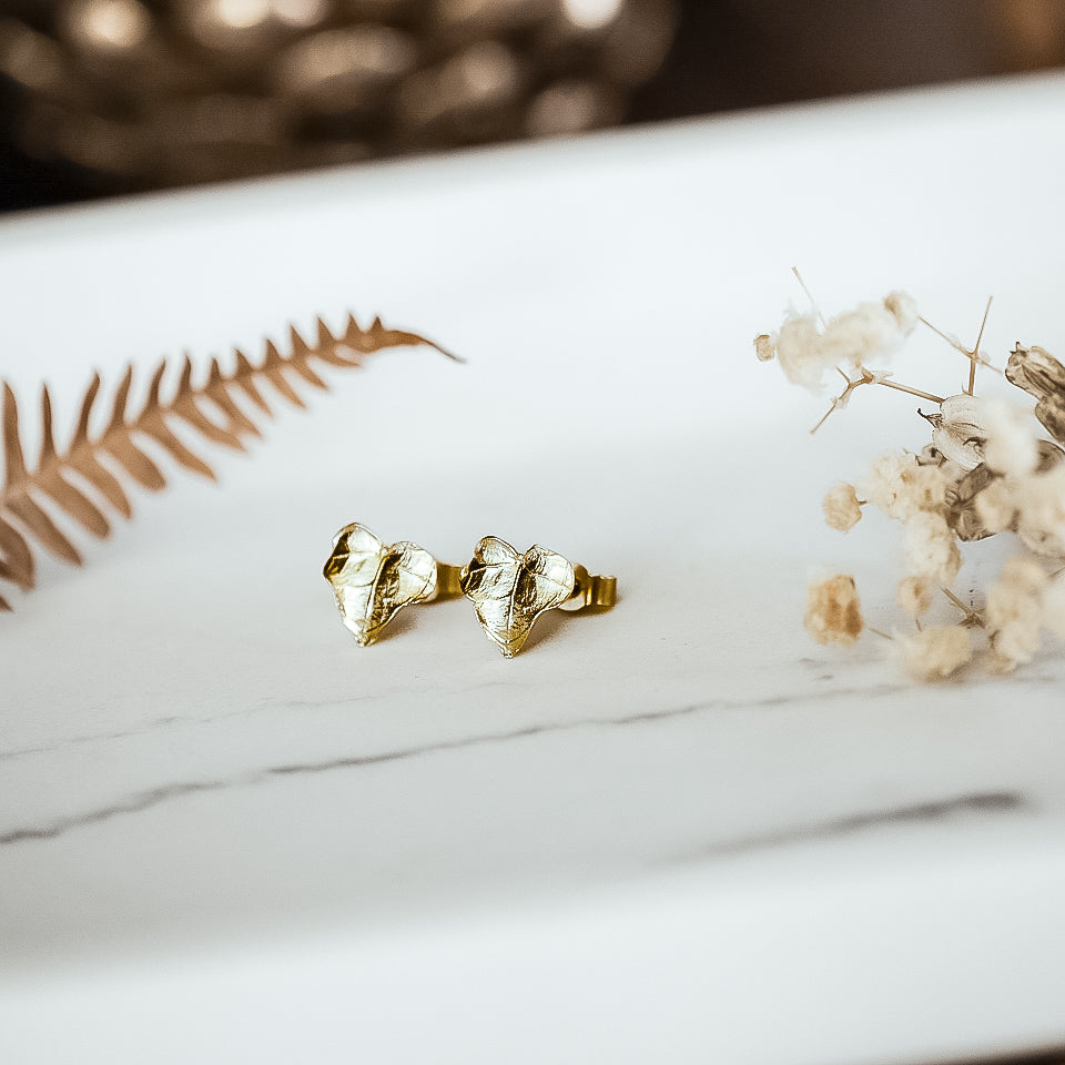 Gold Ivy Leaf Heart Stud Earrings