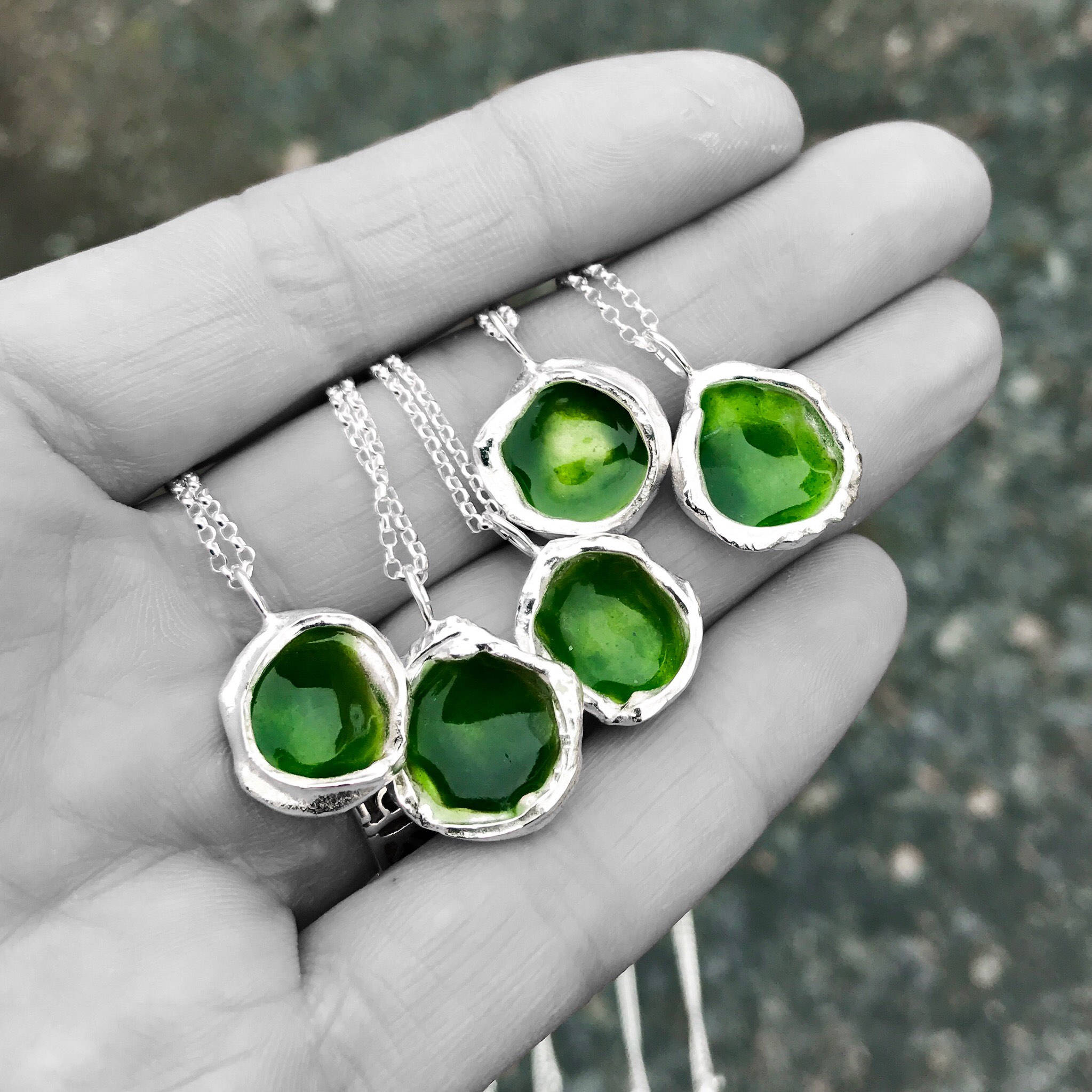 Sterling Silver 'Hidden Glen' Green Enamel Droplet Necklace