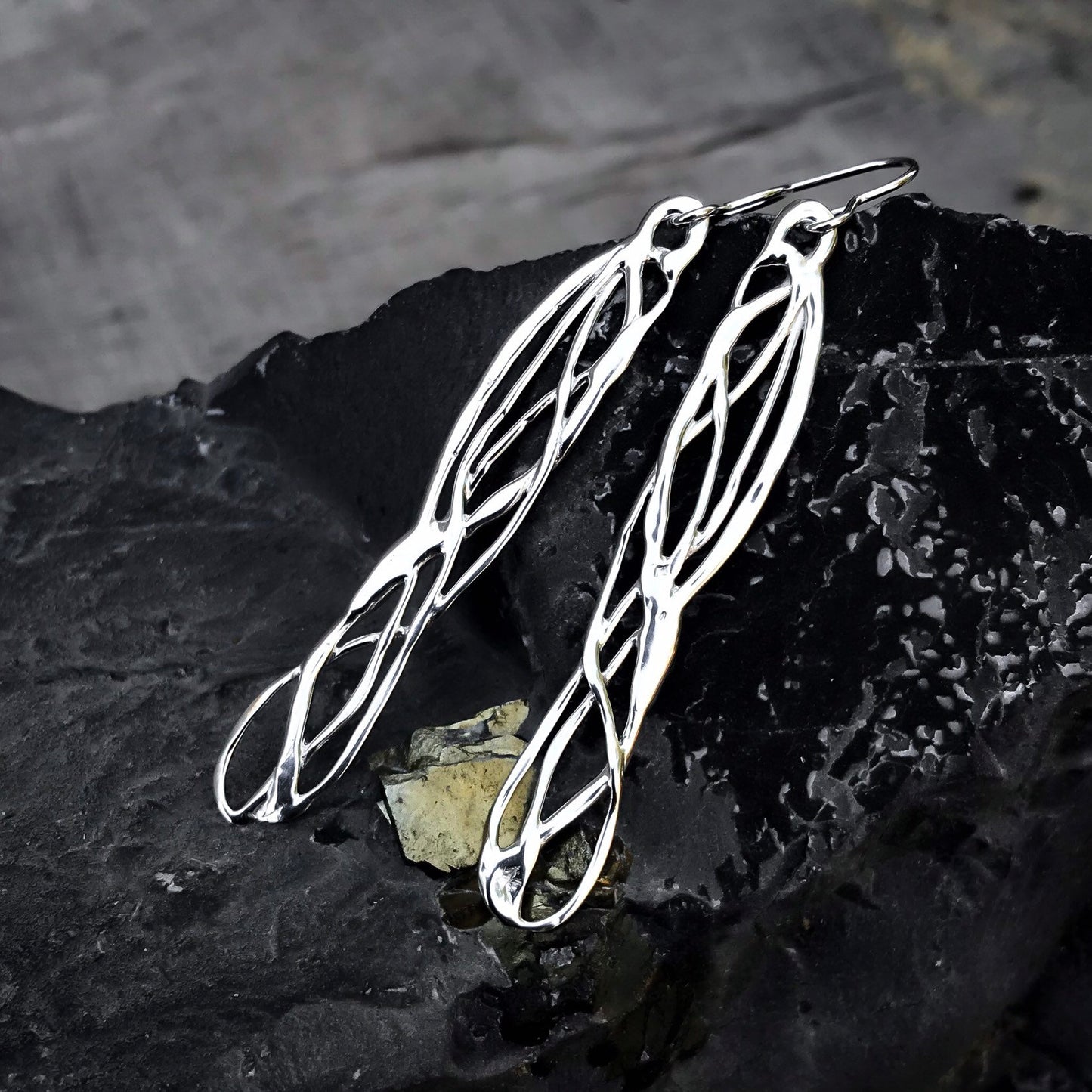 Long Silver Celtic Dragonfly Wing Earrings