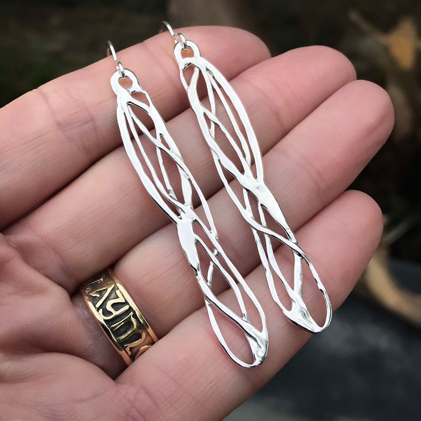 Long Silver Celtic Dragonfly Wing Earrings
