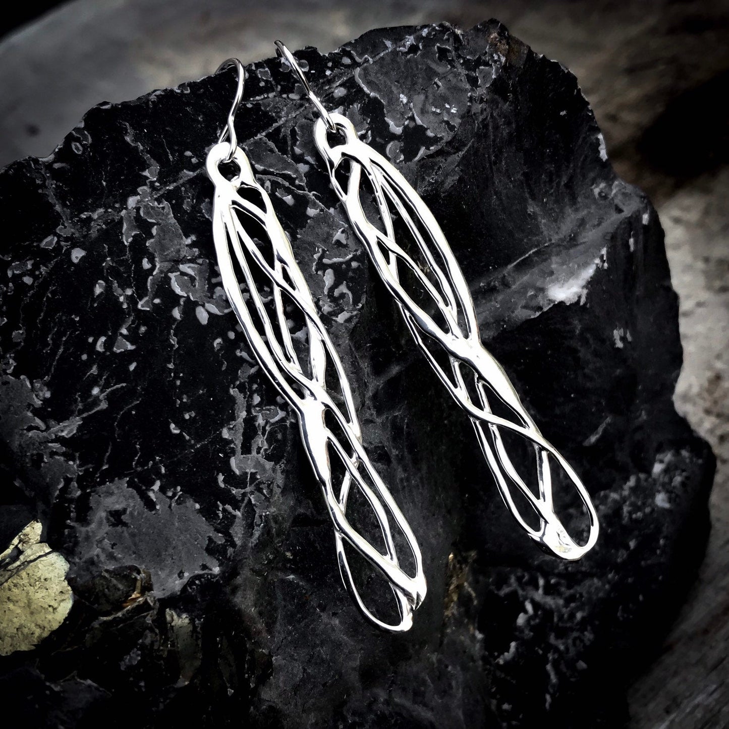 Long Silver Celtic Dragonfly Wing Earrings