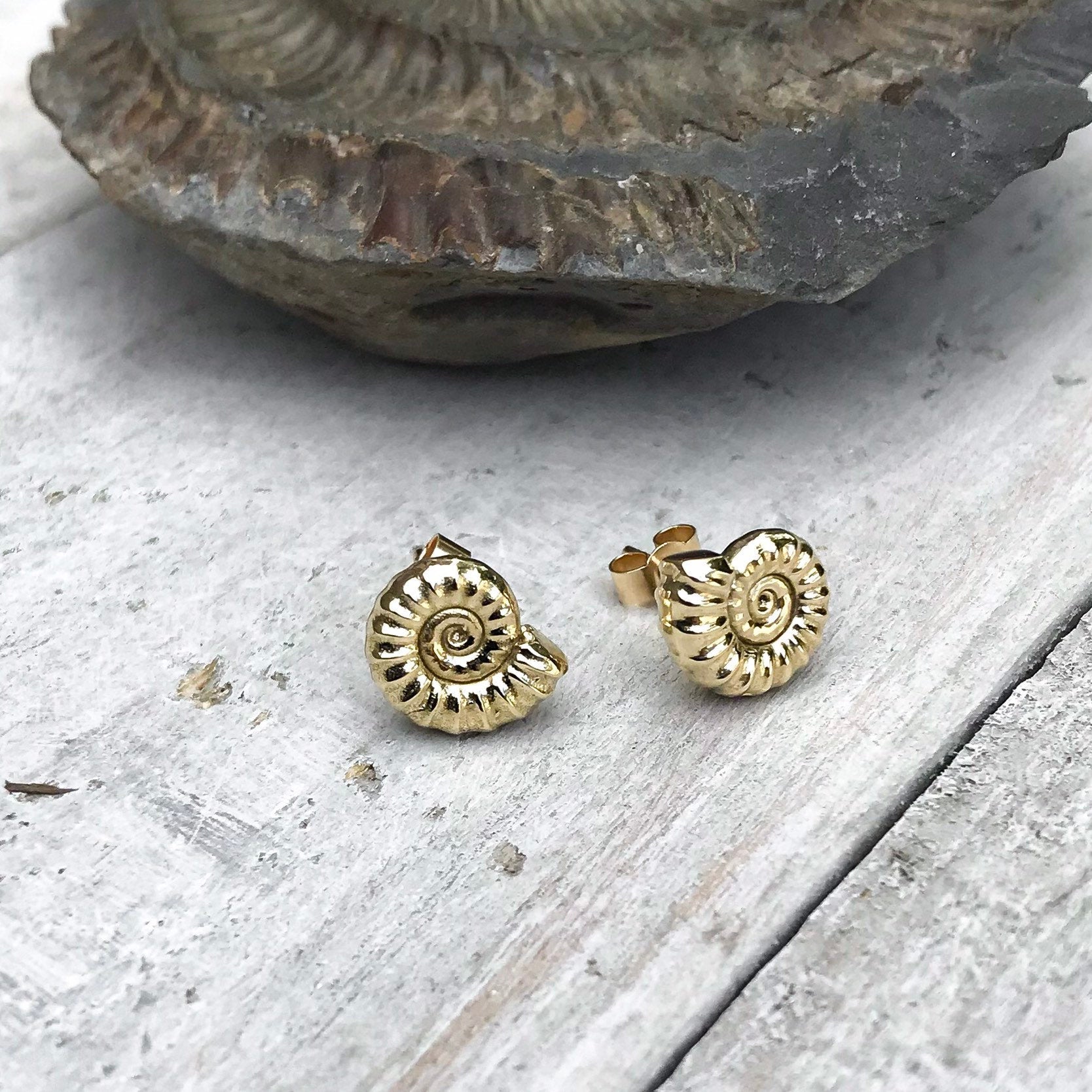 Gold Ammonite Fossil Stud Earrings