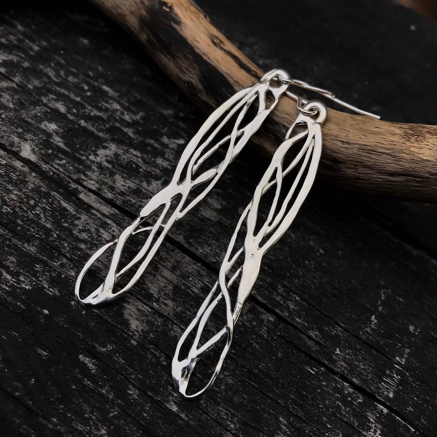 Long Silver Celtic Dragonfly Wing Earrings