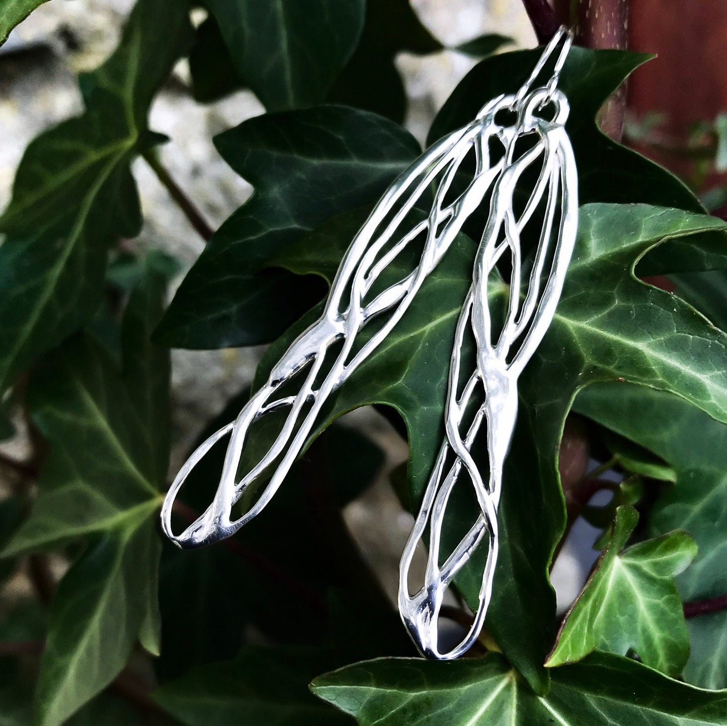 Long Silver Celtic Dragonfly Wing Earrings