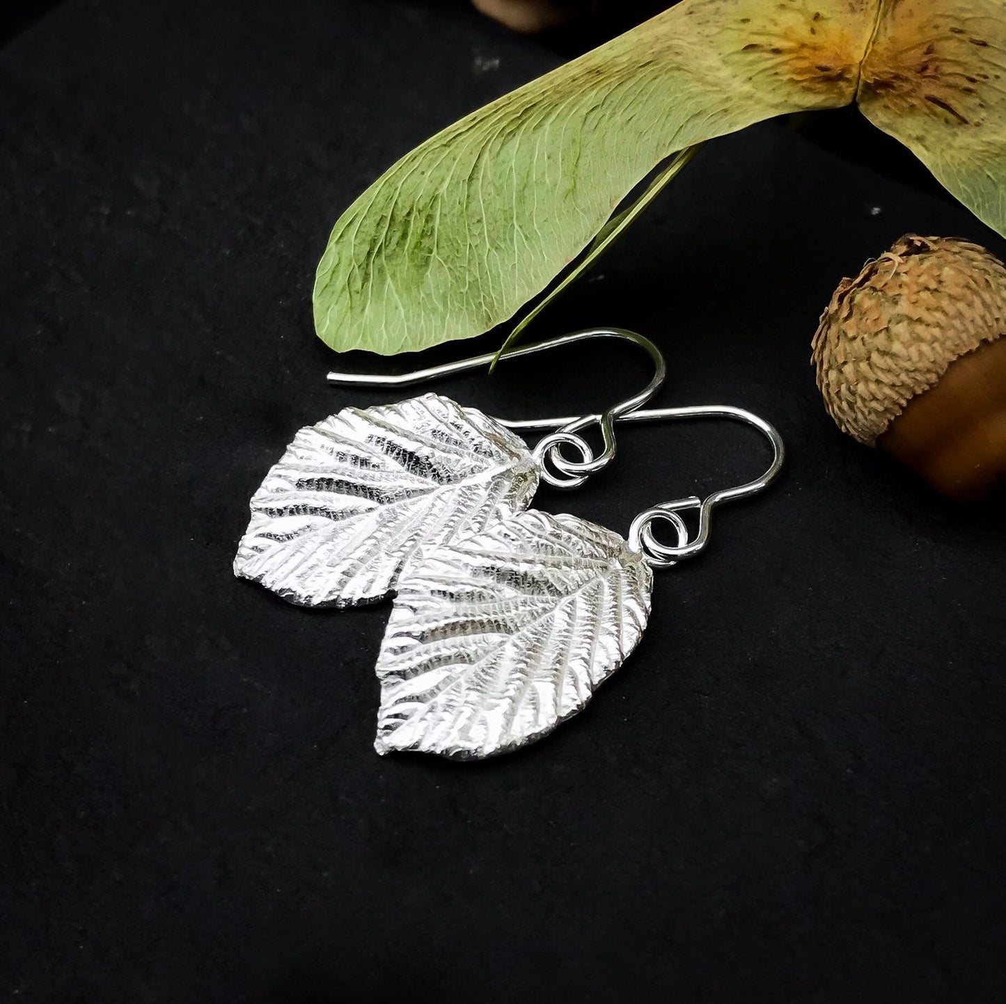 Small Blackberry Leaf Silver Dangle Earrings