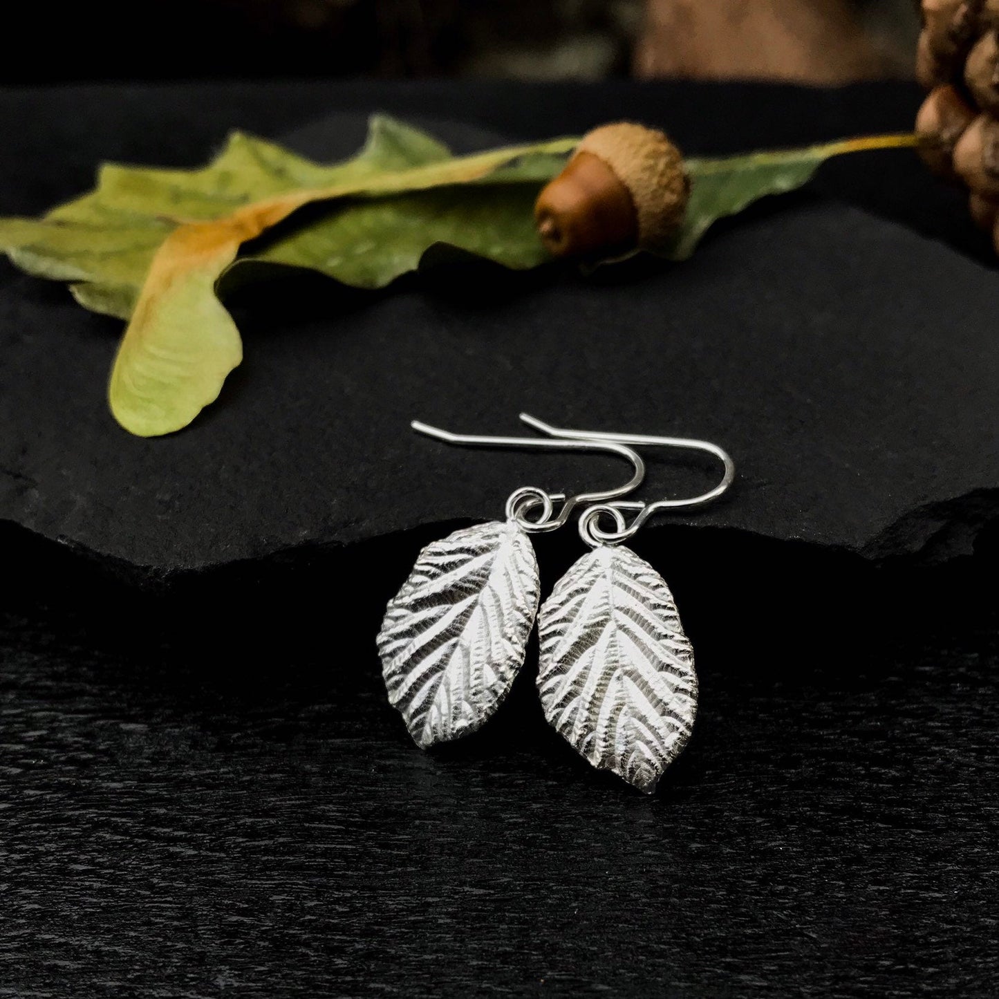 Small Blackberry Leaf Silver Dangle Earrings