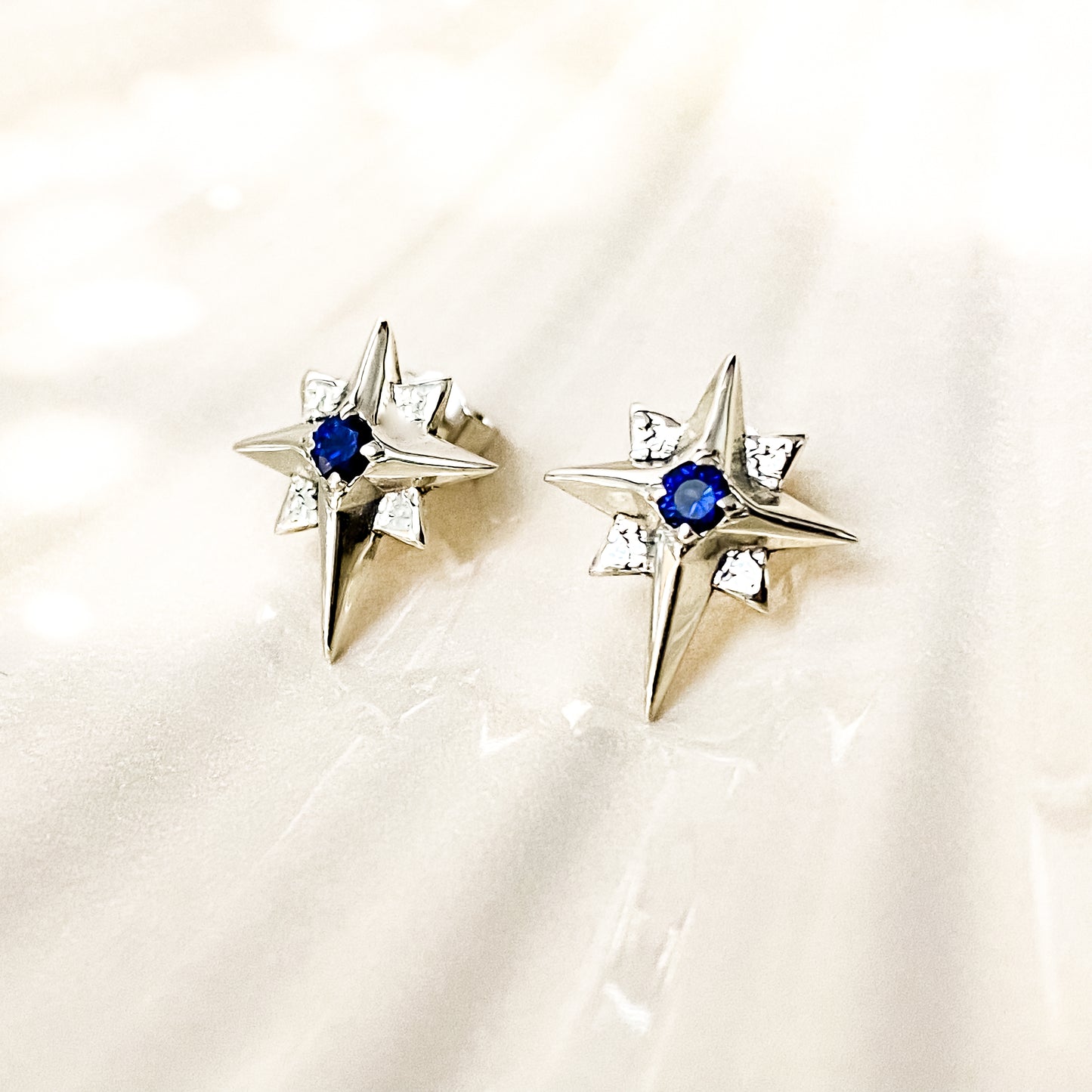North Star White Gold Large Stud Earrings with Sapphire