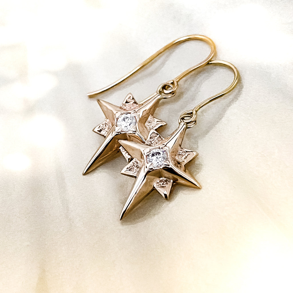 North Star Earrings with Moissanite - 9ct Yellow Gold