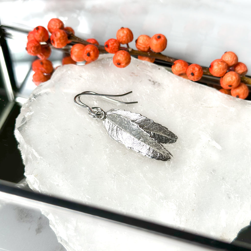 Large Rowan Leaf Sterling Silver Earrings
