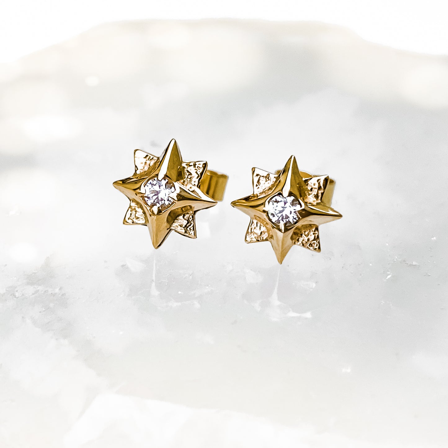 Gold North Star Stud Earrings with Moissanite