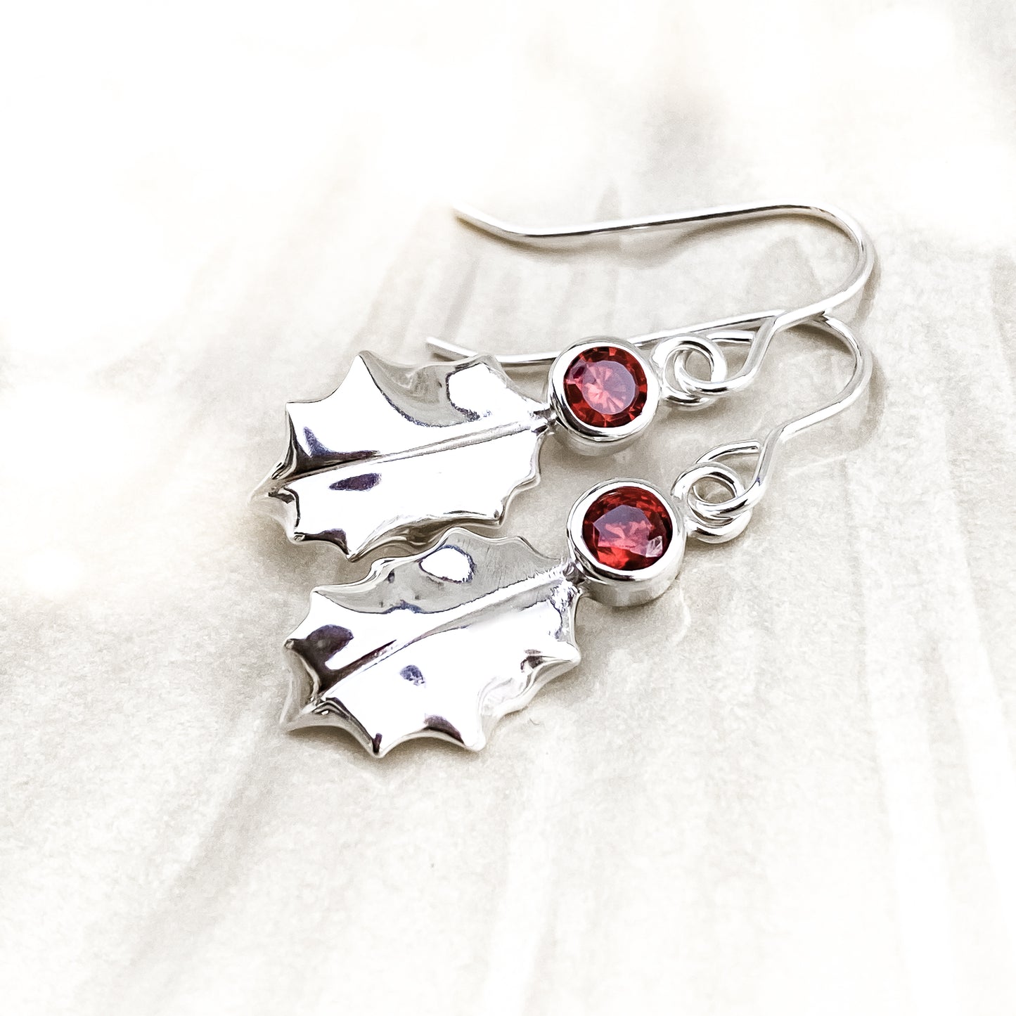 Sterling Silver Holly Leaf Earrings - Red, Green or Clear Gemstone