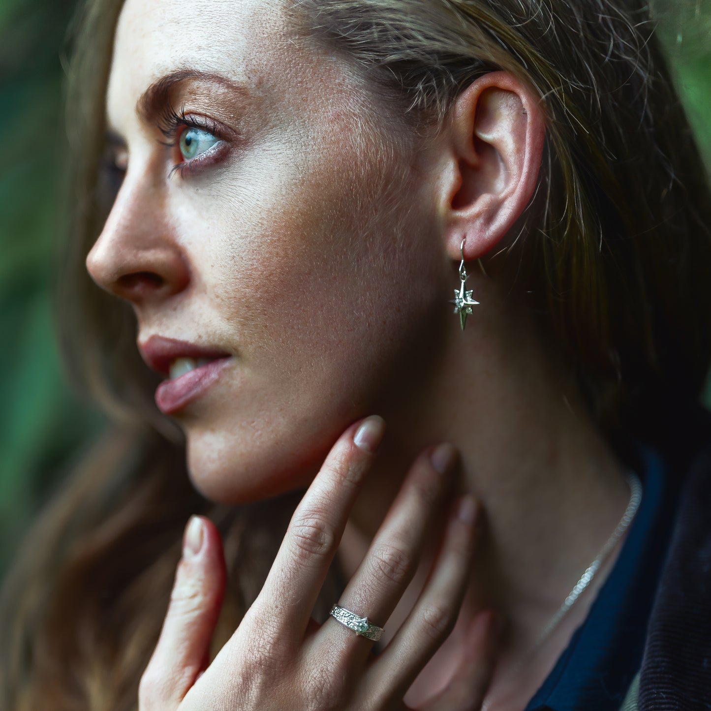 North Star Sterling Silver Earrings with Black Spinel