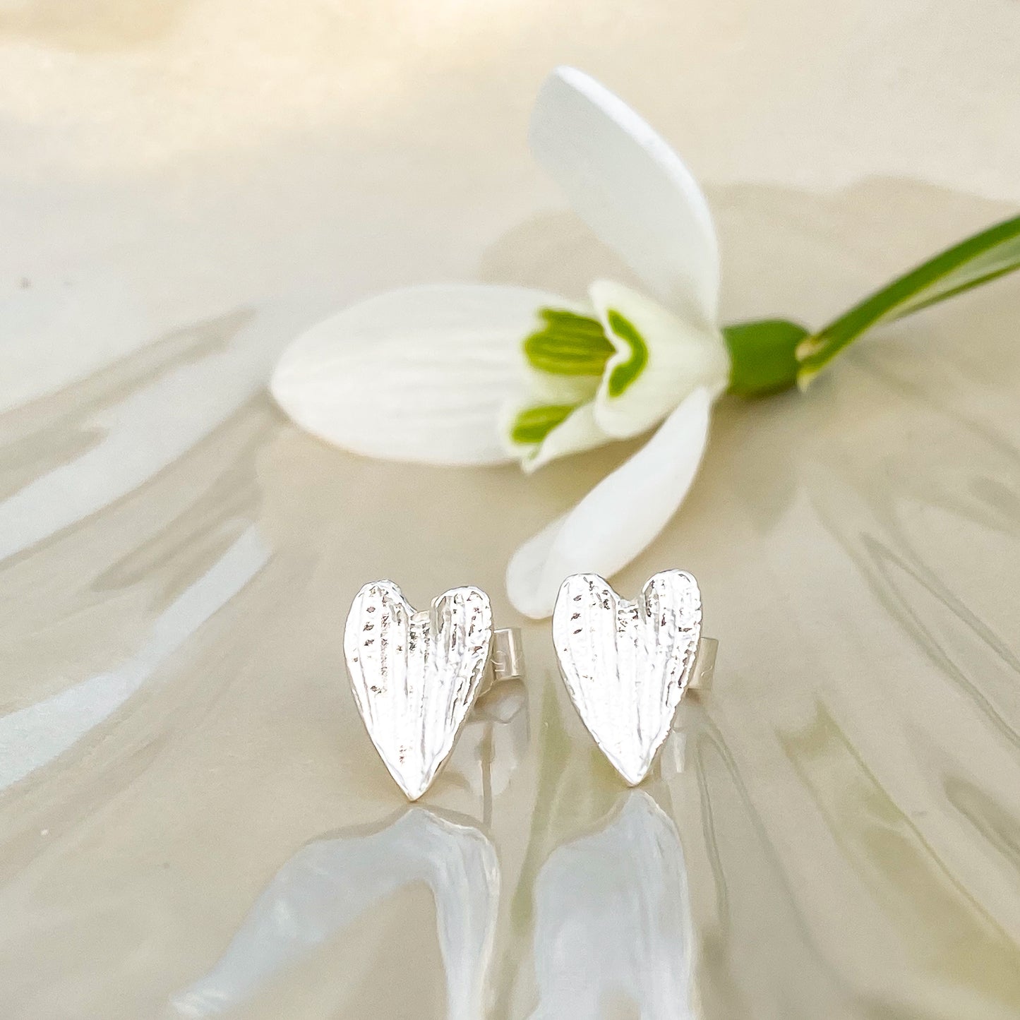 Silver Snowdrop Petal 'Heart' Earrings