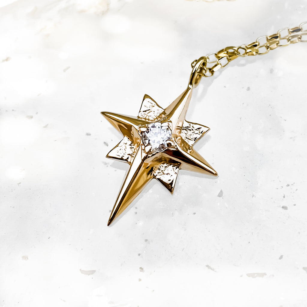Gold North Star Necklace with Moissanite
