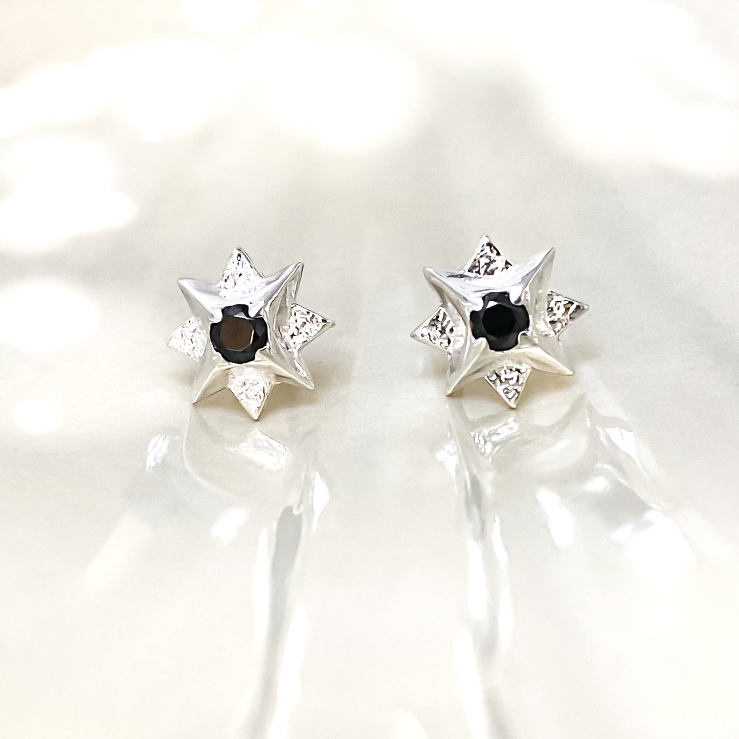 North Star Sterling Silver Stud Earrings with Black Spinel