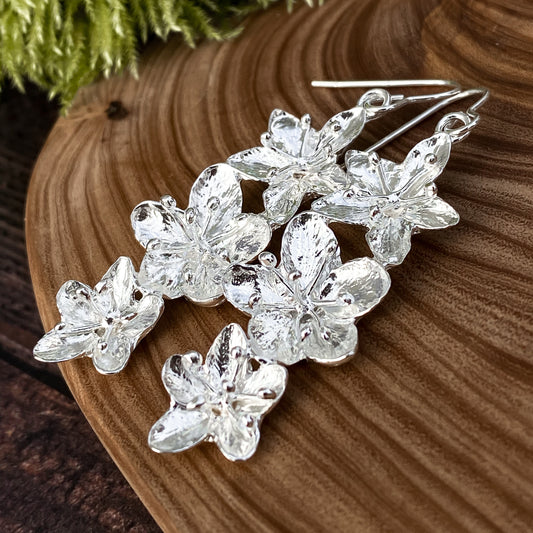 Silver Hawthorn Flower Long Drop Earrings