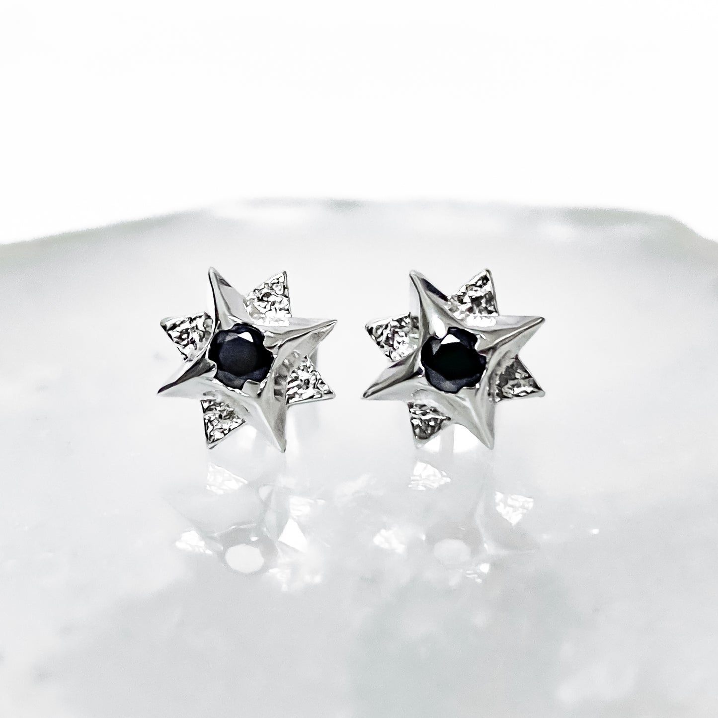 North Star Sterling Silver Stud Earrings with Black Spinel