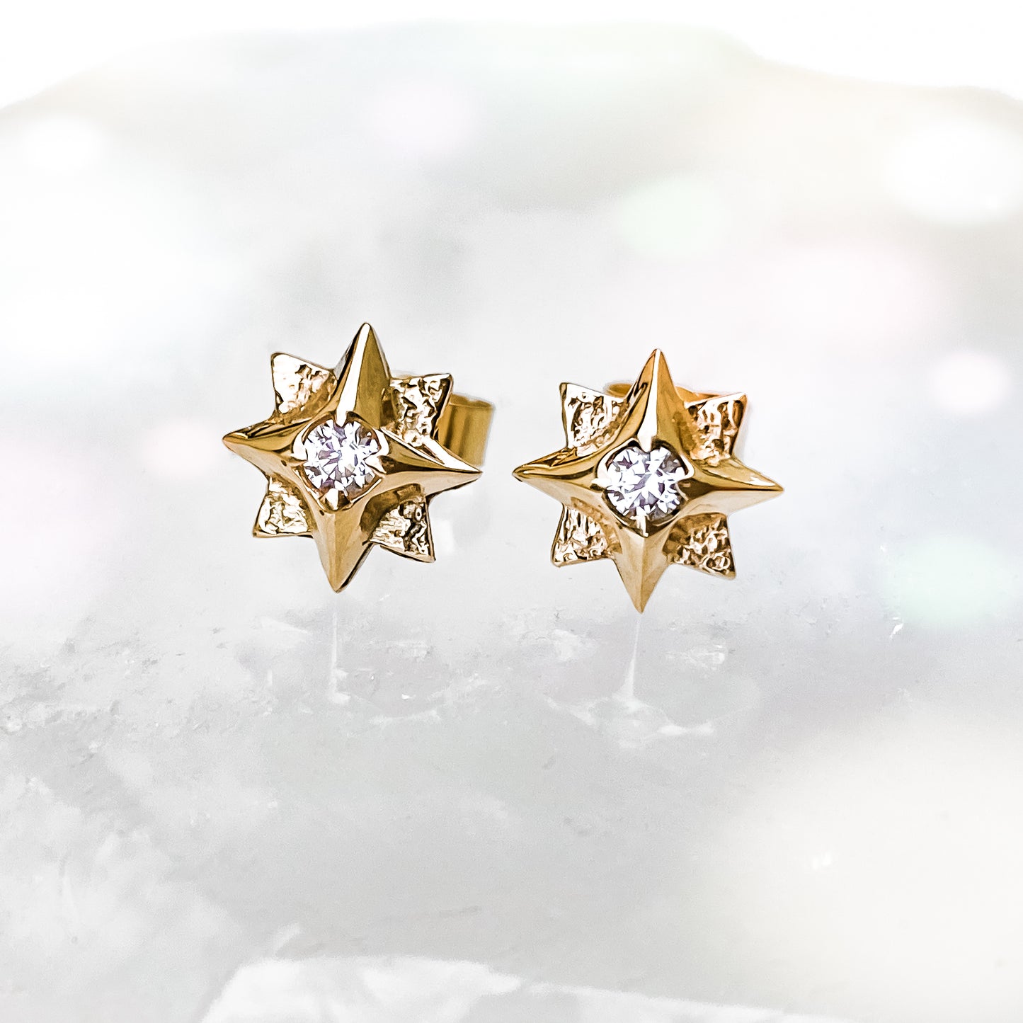 Gold North Star Stud Earrings with Moissanite