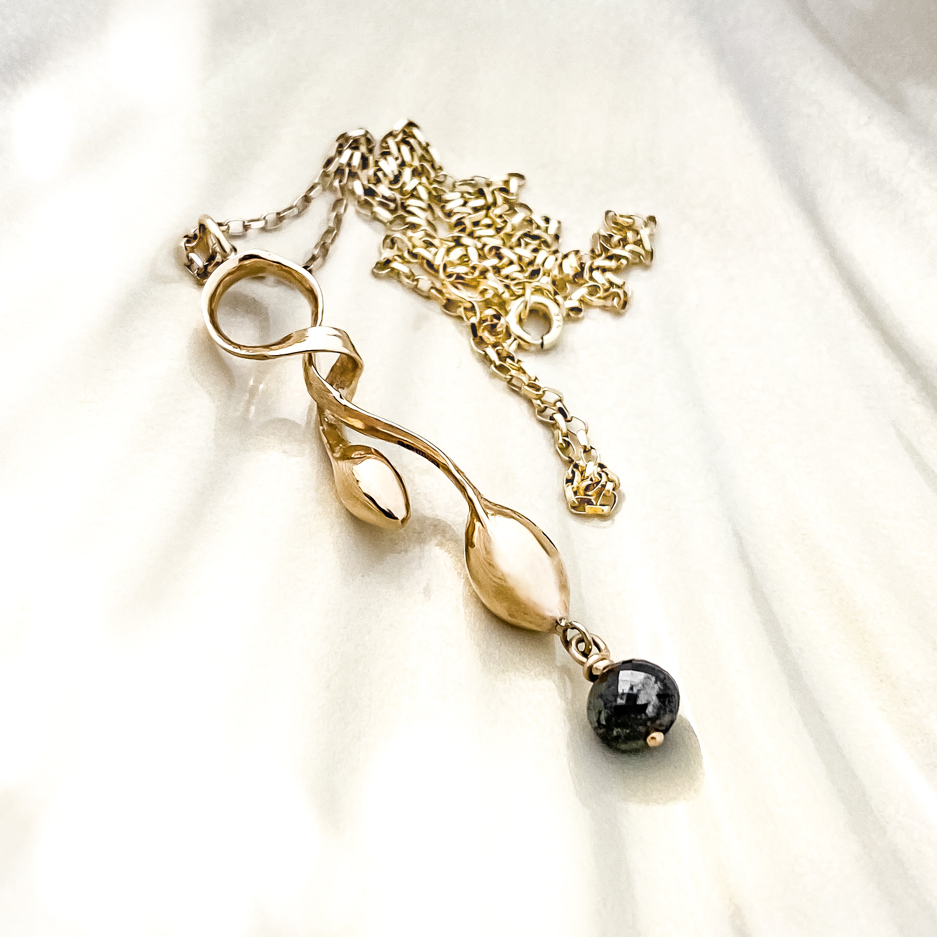 Gold Seaweed Pendant Necklace with Black Diamond