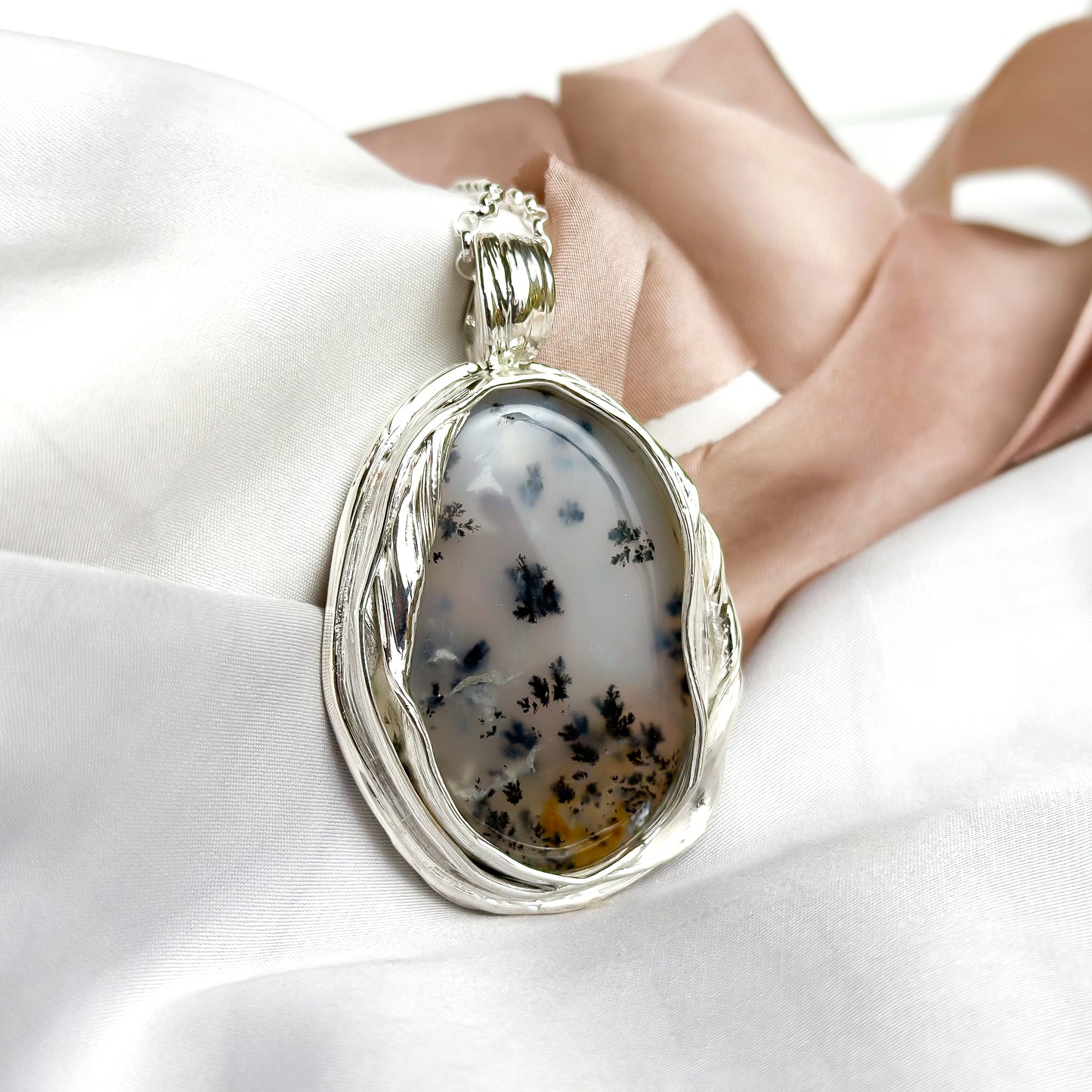 One of a Kind Long Sterling Silver Drift Necklace with Dendritic Agate