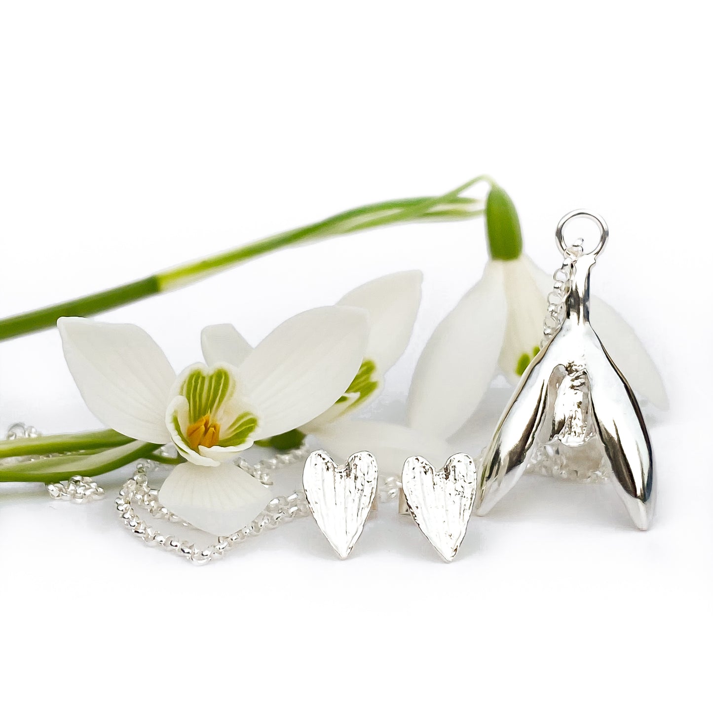 Silver Snowdrop Petal 'Heart' Earrings