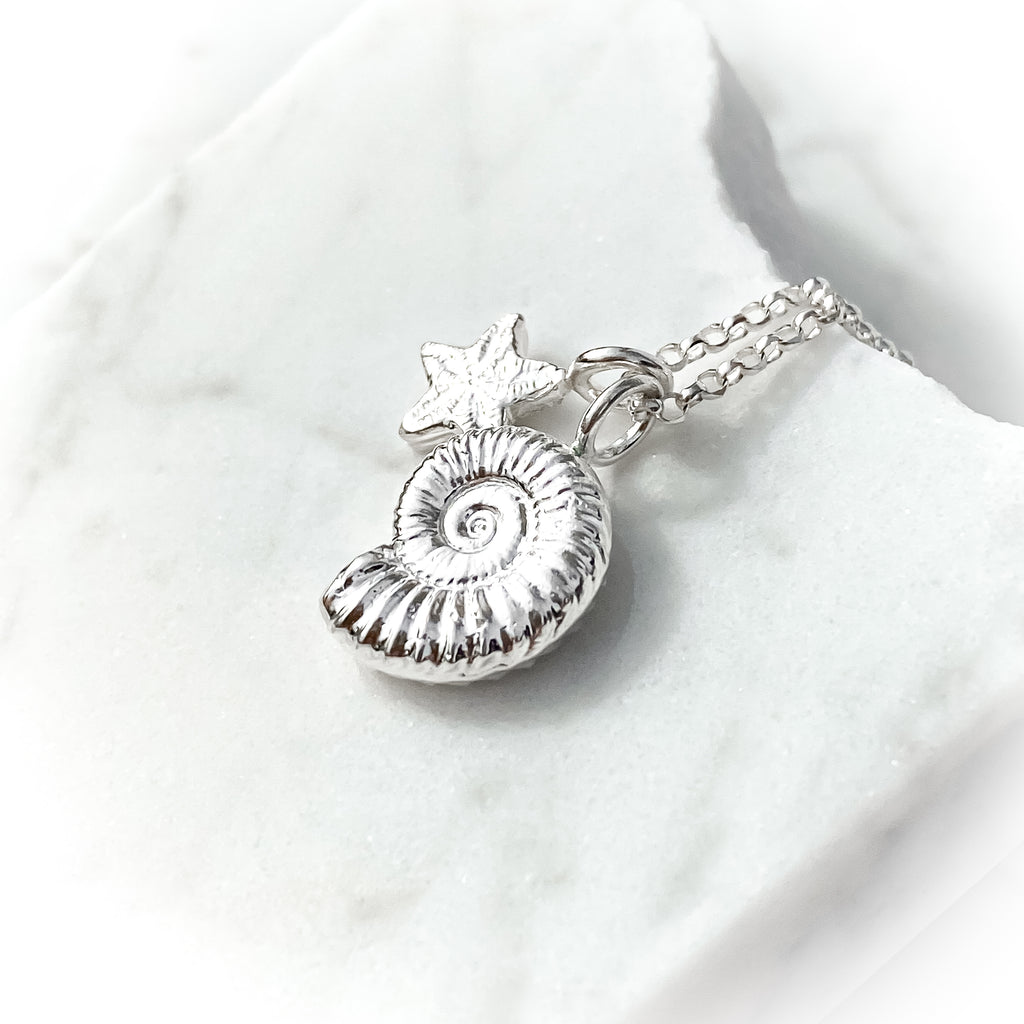 Sterling Silver Ammonite and Crinoid Fossil Charm Necklace