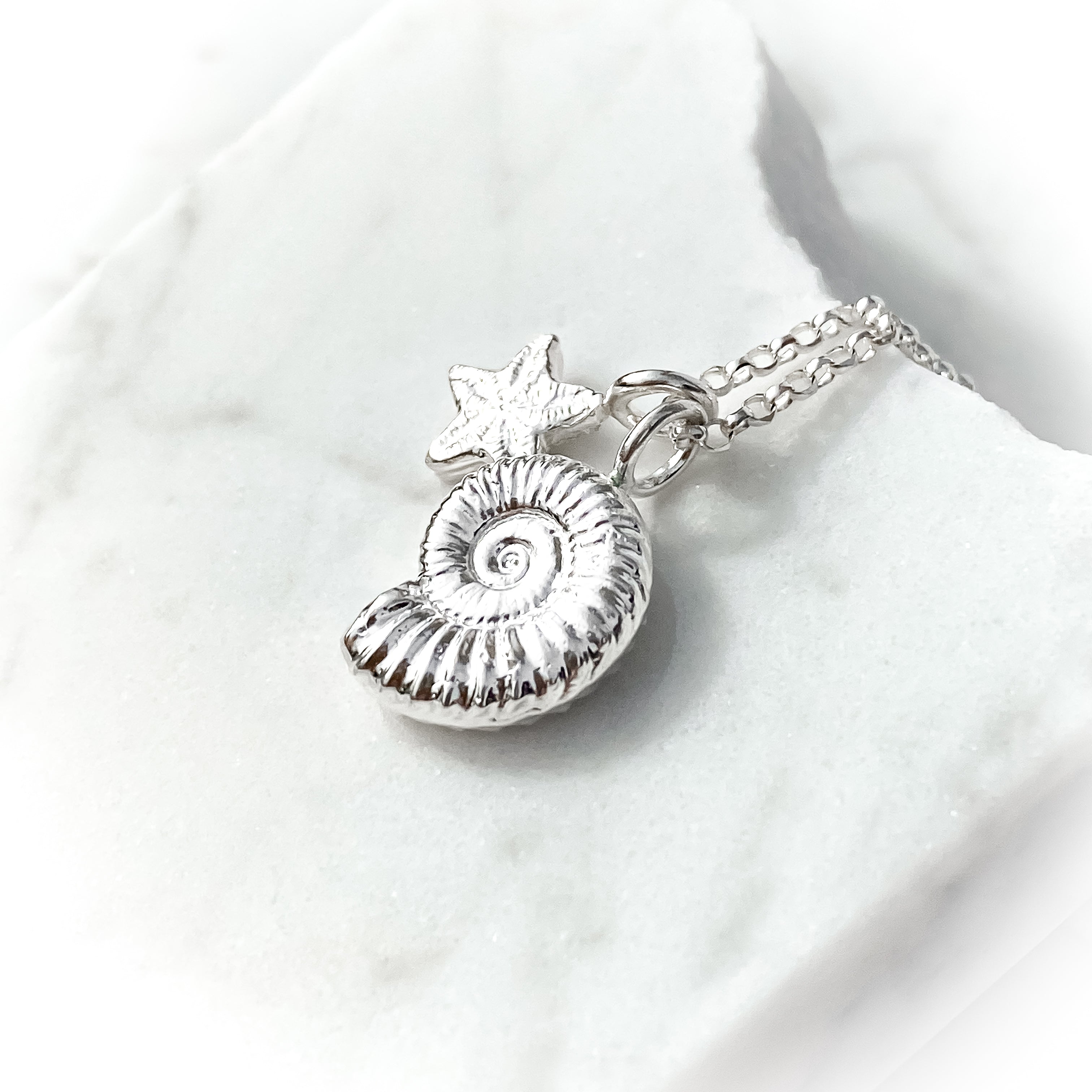 Sterling Silver Ammonite and Crinoid Fossil Charm Necklace