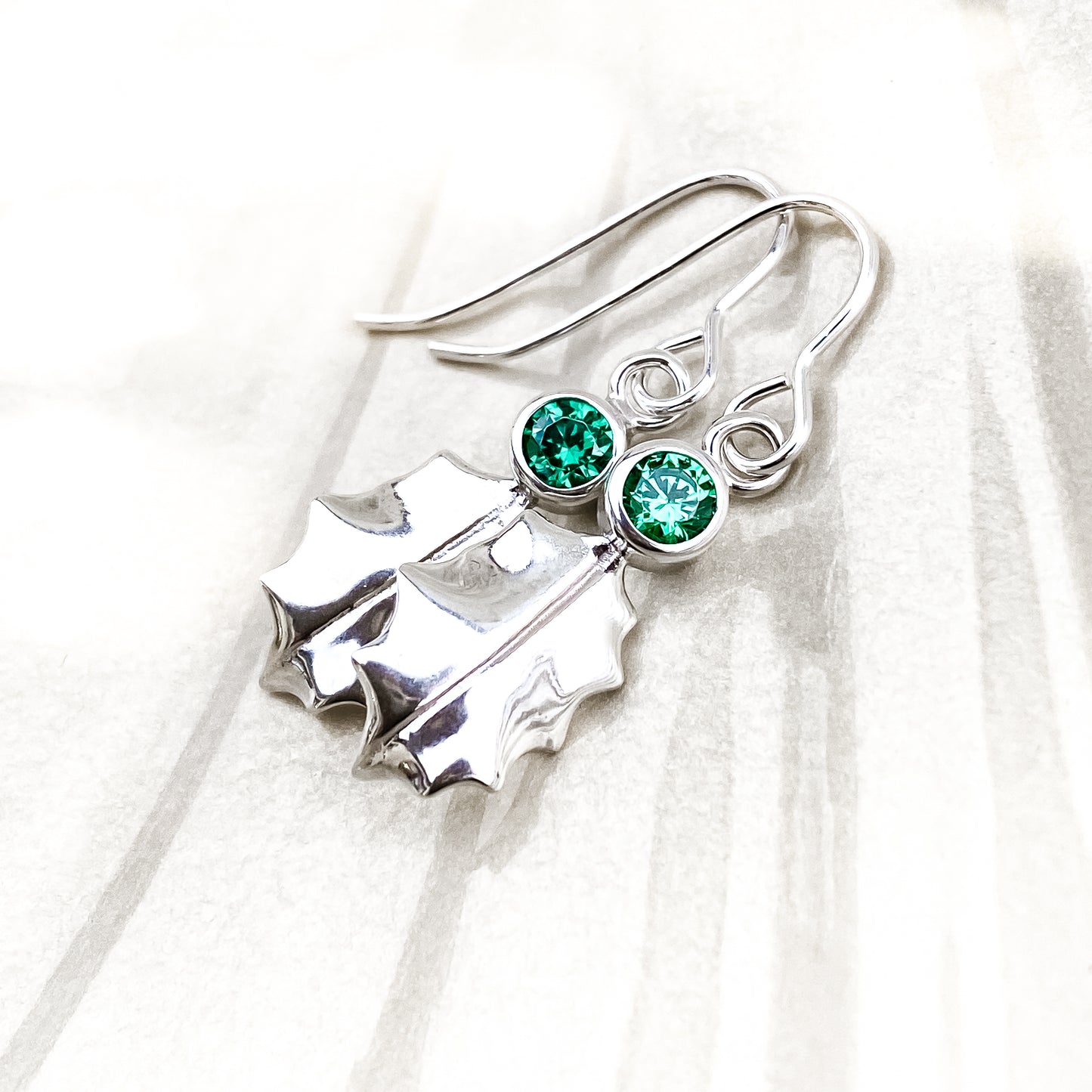 Sterling Silver Holly Leaf Earrings - Red, Green or Clear Gemstone