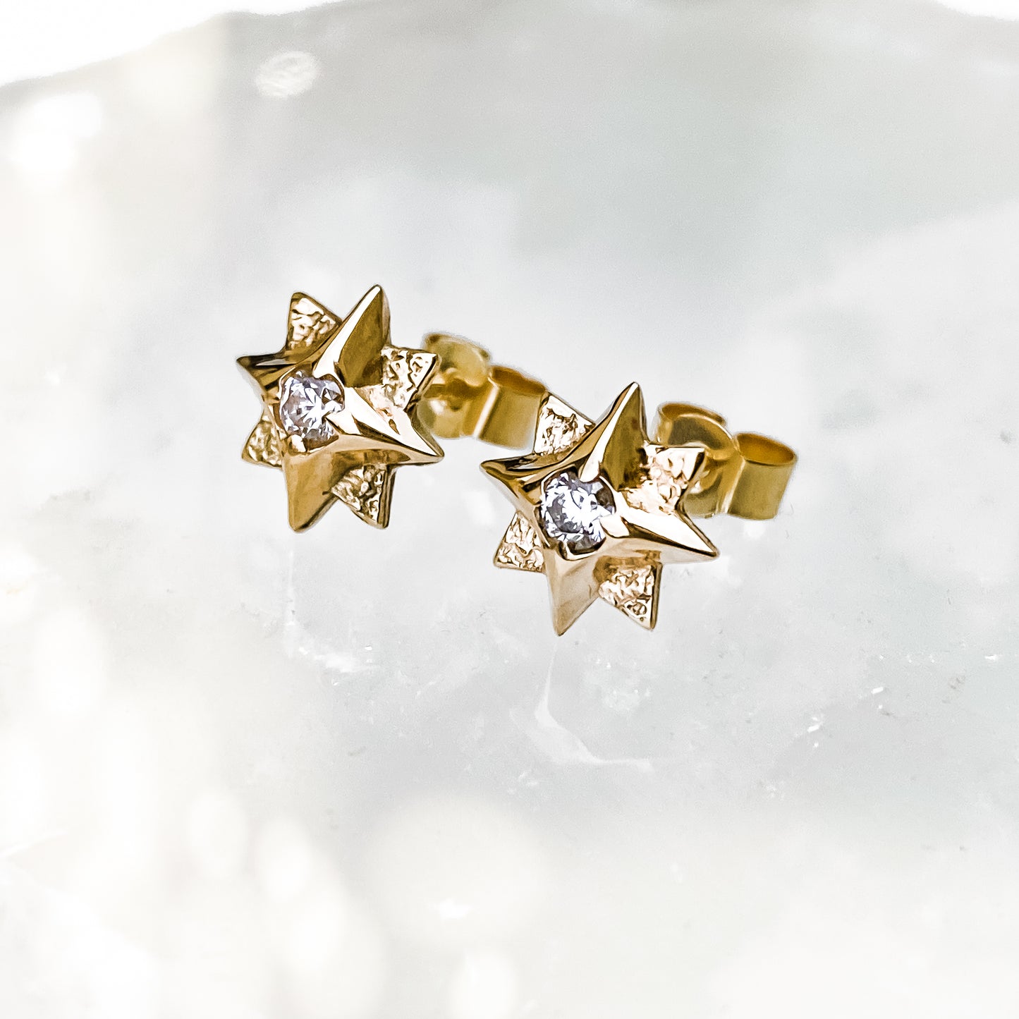 Gold North Star Stud Earrings with Moissanite