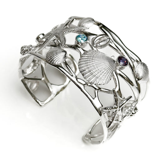 Ocean Wave Sterling Silver Shell and Gemstone Cuff Bangle