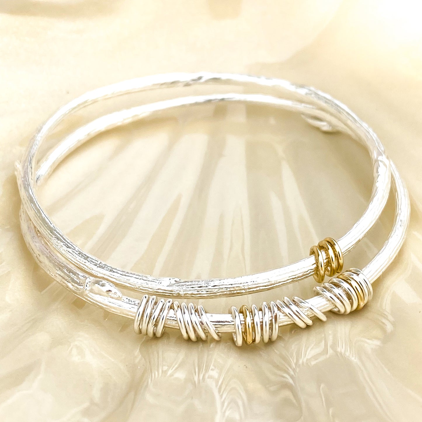 Personalised Rowan Twig Bangle with Solid Gold rings for special occasions
