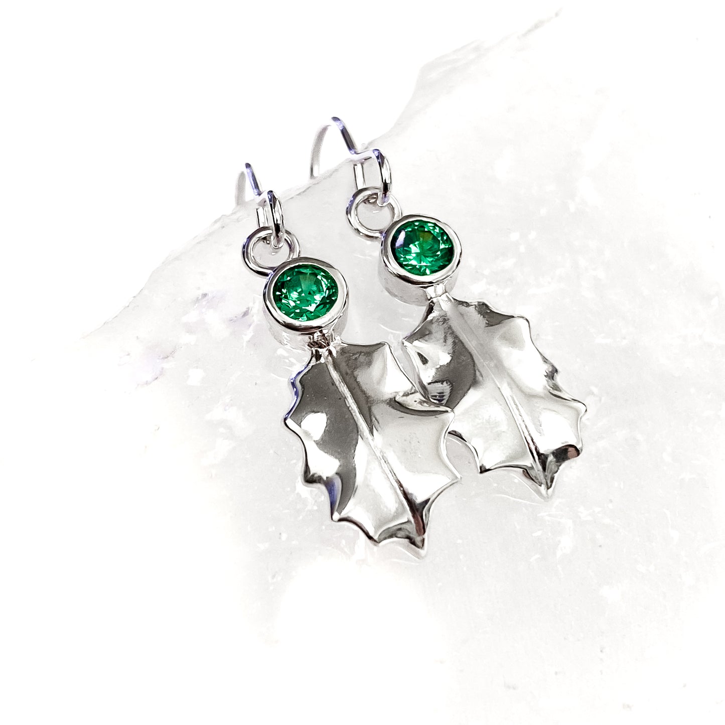 Sterling Silver Holly Leaf Earrings - Red, Green or Clear Gemstone