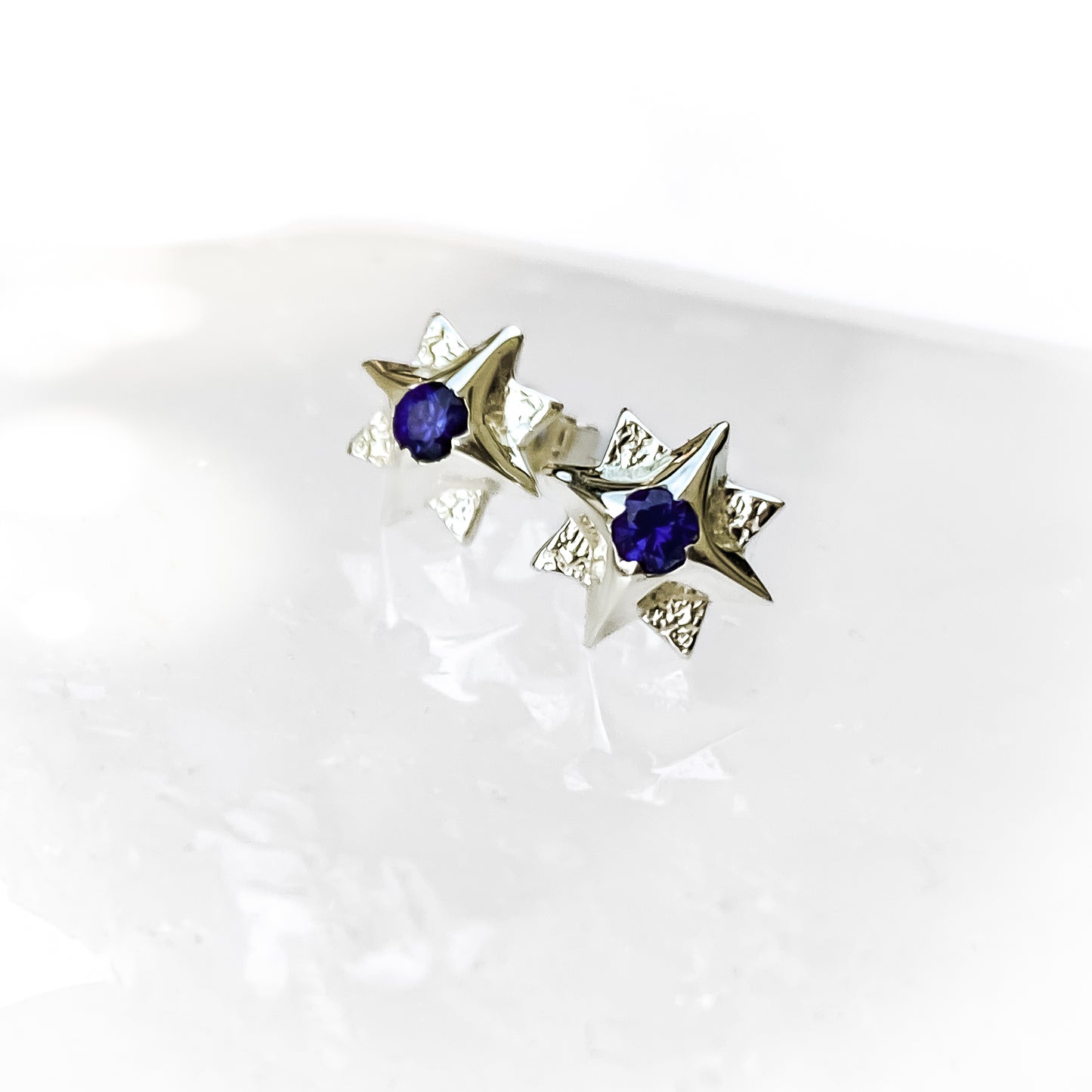 White Gold North Star Stud Earrings with Sapphire