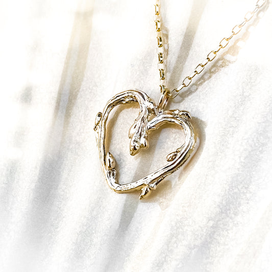 Yellow Gold Oak Twig Heart Necklace