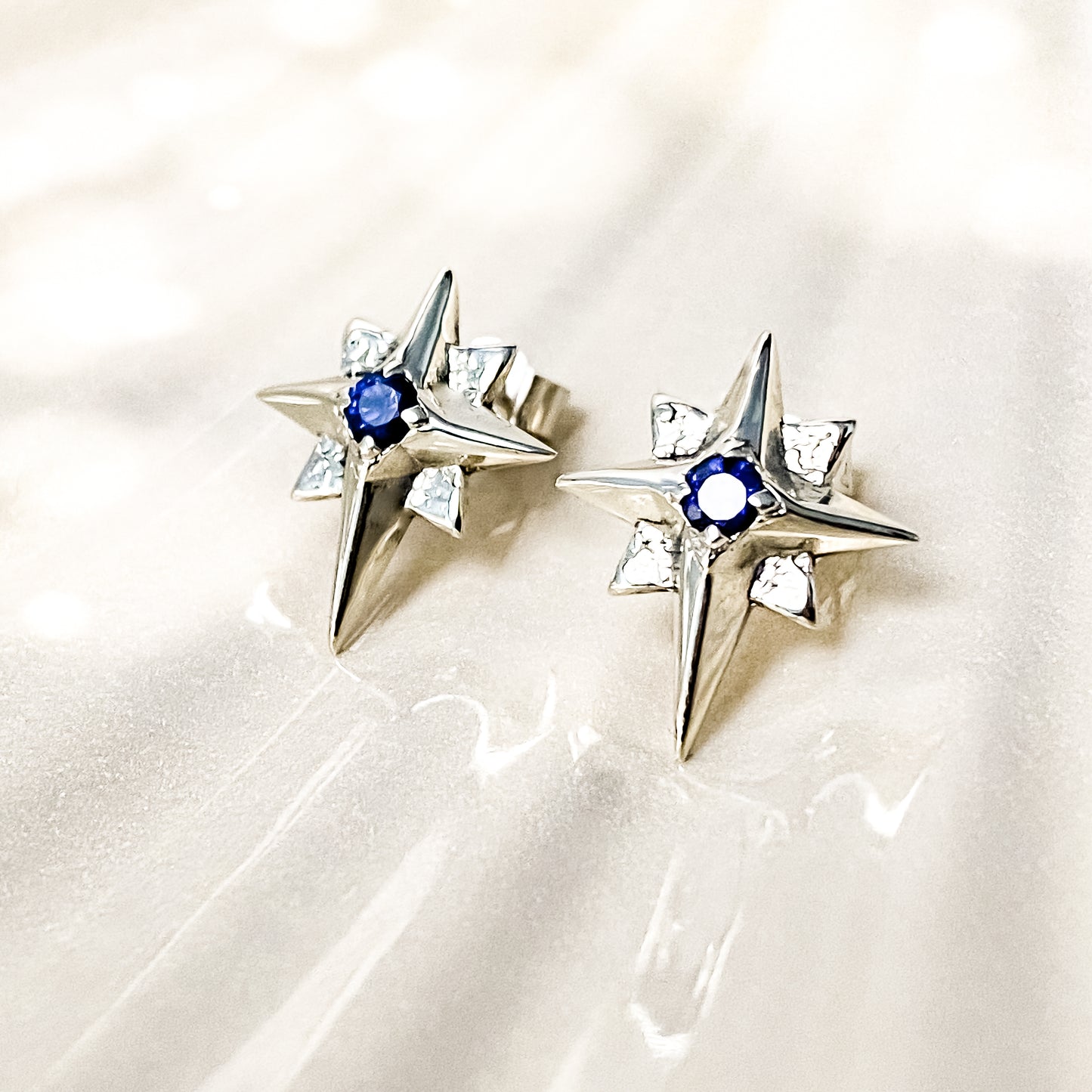North Star White Gold Large Stud Earrings with Sapphire