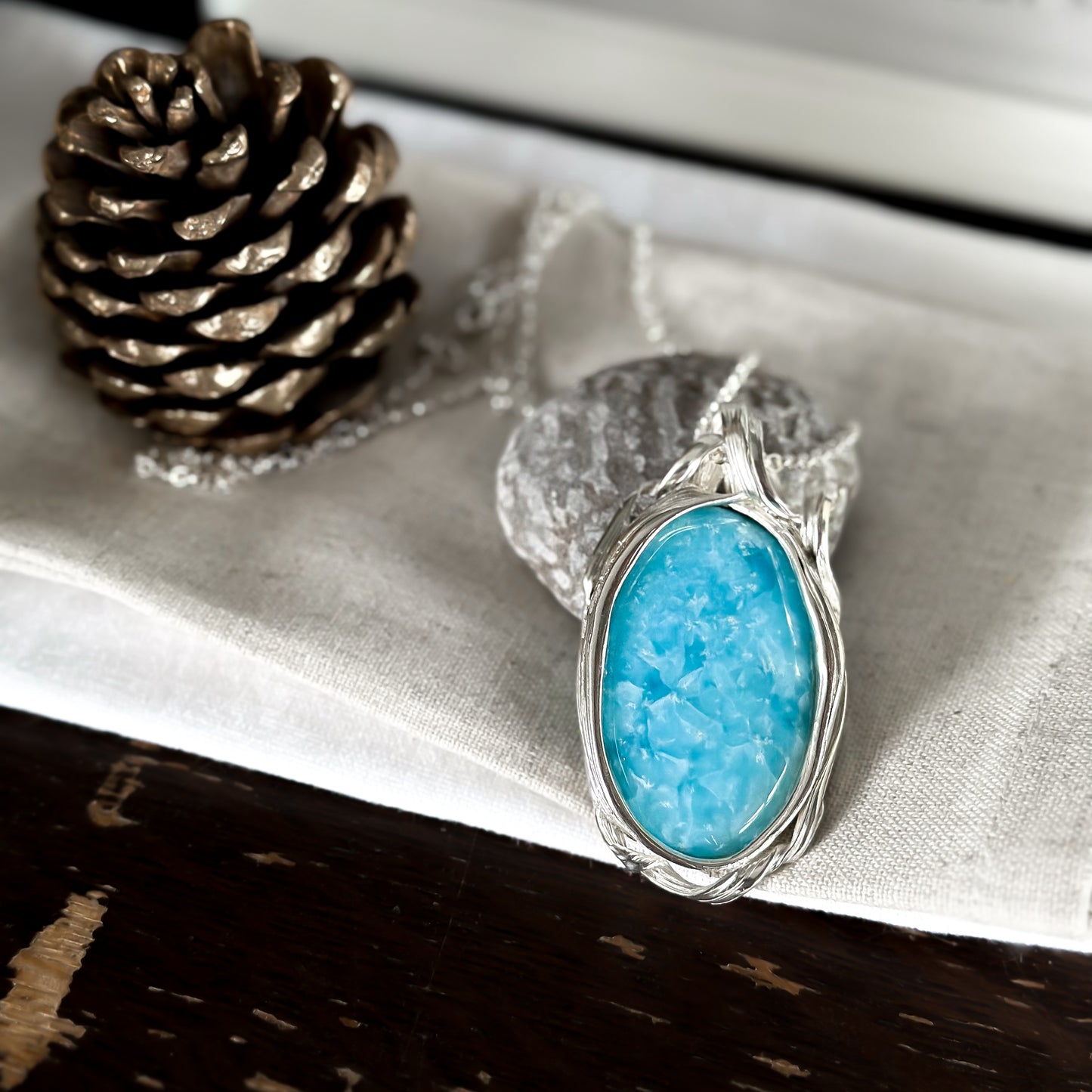 One of a Kind Long Sterling Silver Drift Necklace with Hemimorphite