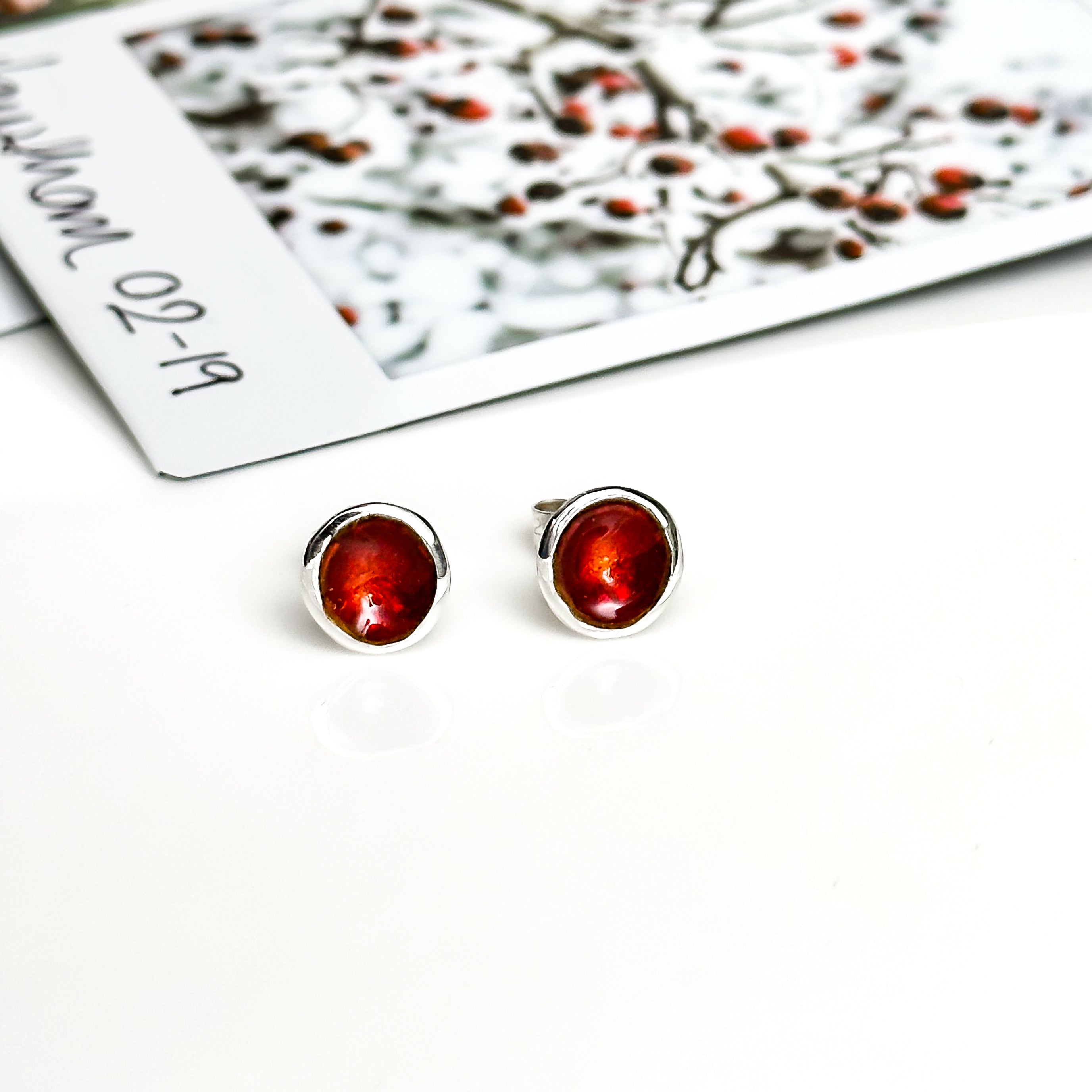 'Hawthorn Berry' Red Enamel Silver Droplet Stud Earrings