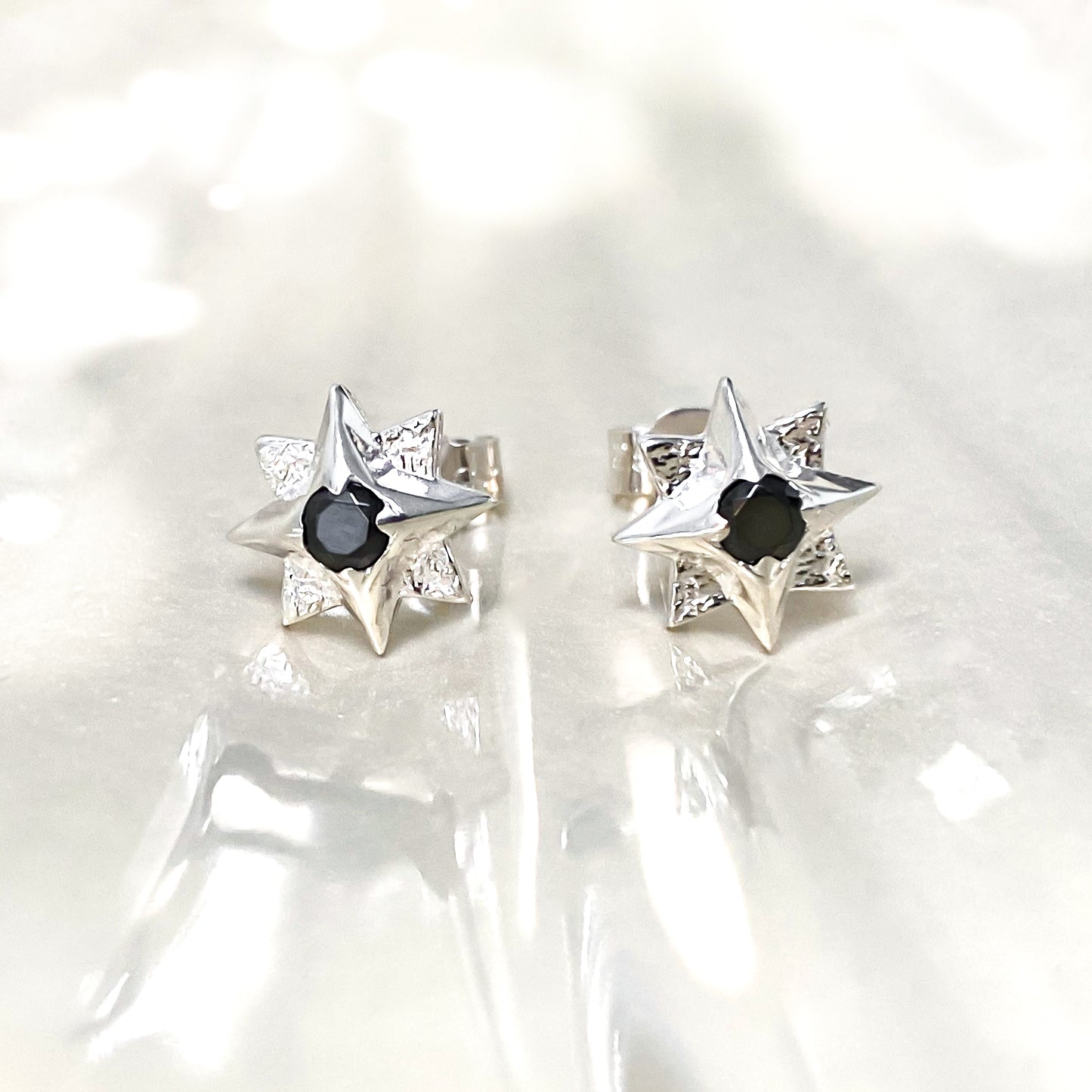 North Star Sterling Silver Stud Earrings with Black Spinel