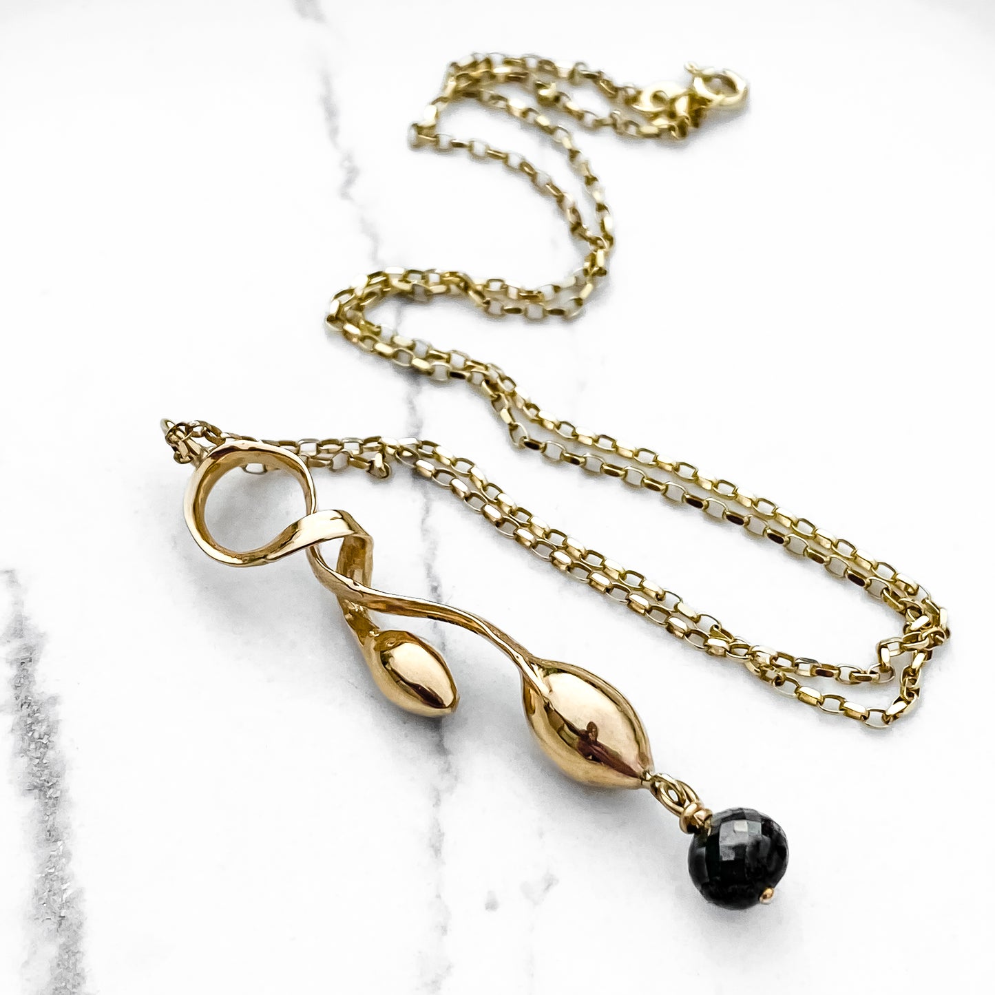 Gold Seaweed Pendant Necklace with Black Diamond