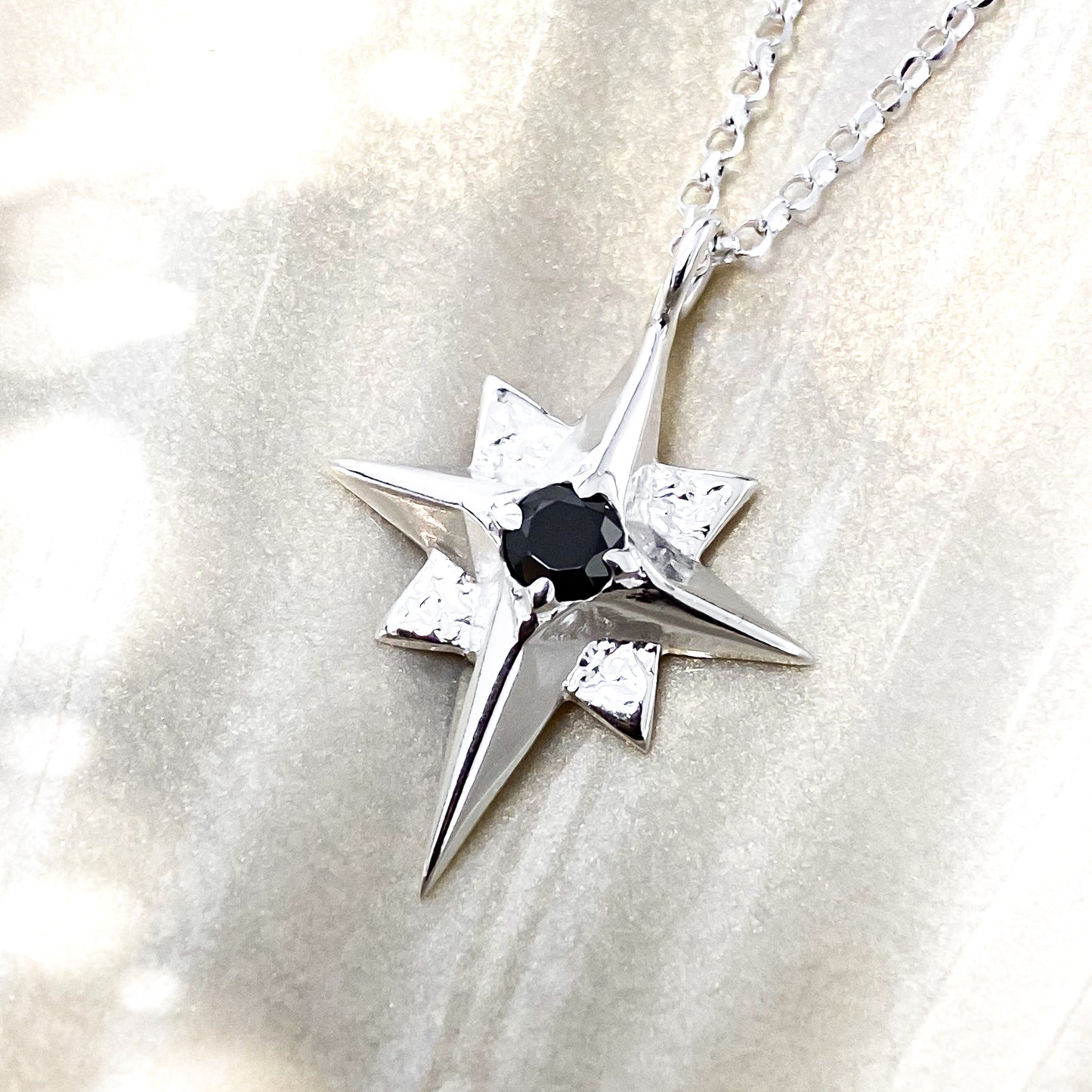 North Star Silver Pendant Necklace with Black Spinel