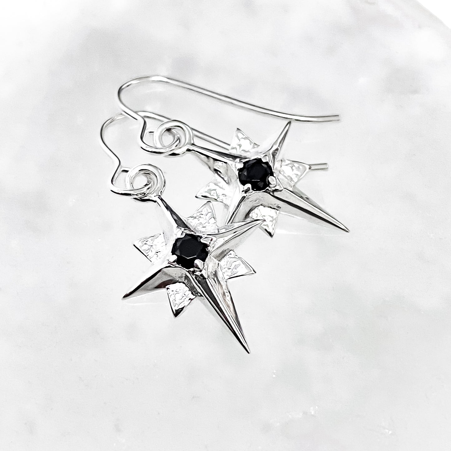 North Star Sterling Silver Earrings with Black Spinel