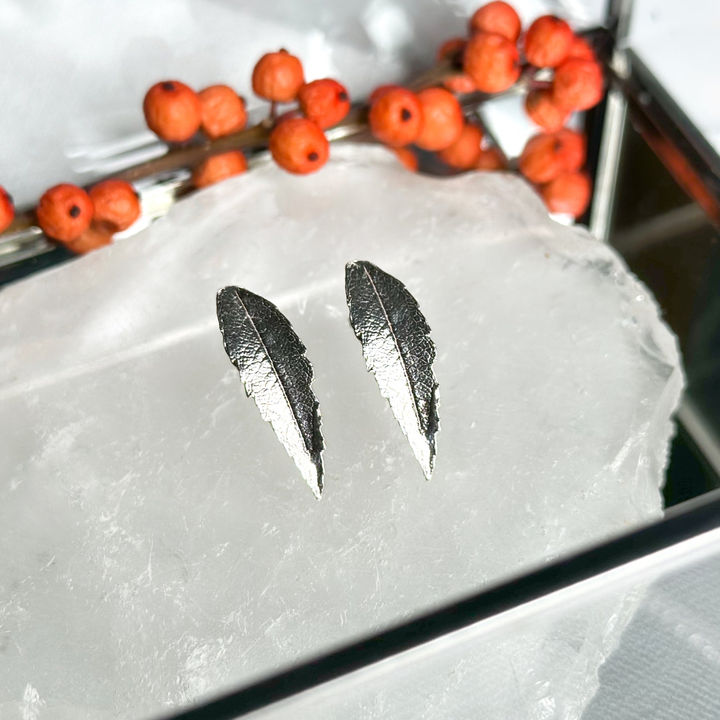 Silver Rowan Leaf Stud Earrings